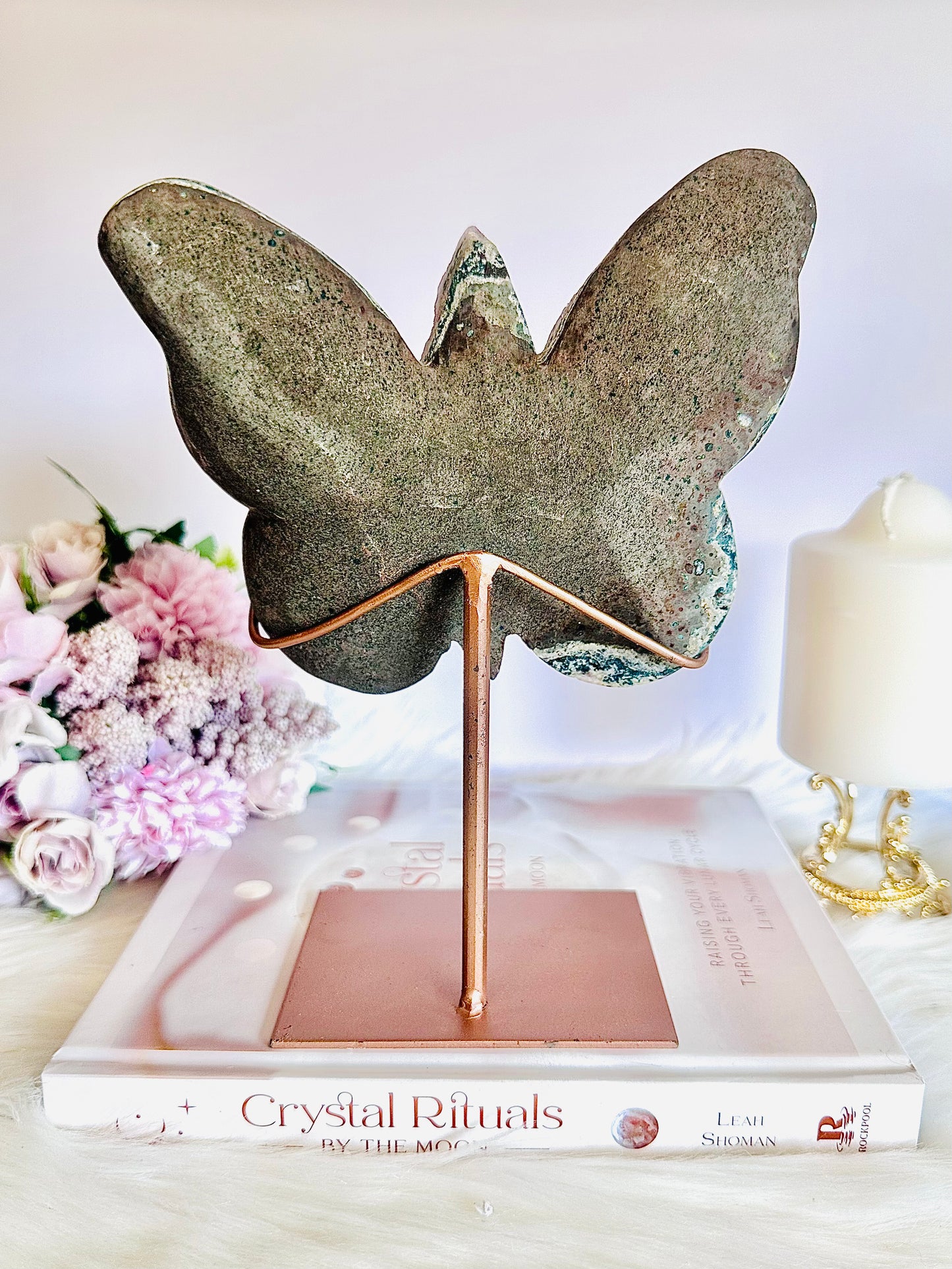 Classy Fabulous Large 23cm 1KG Amethyst Carved Butterfly On Rose Gold Stand From Brazil