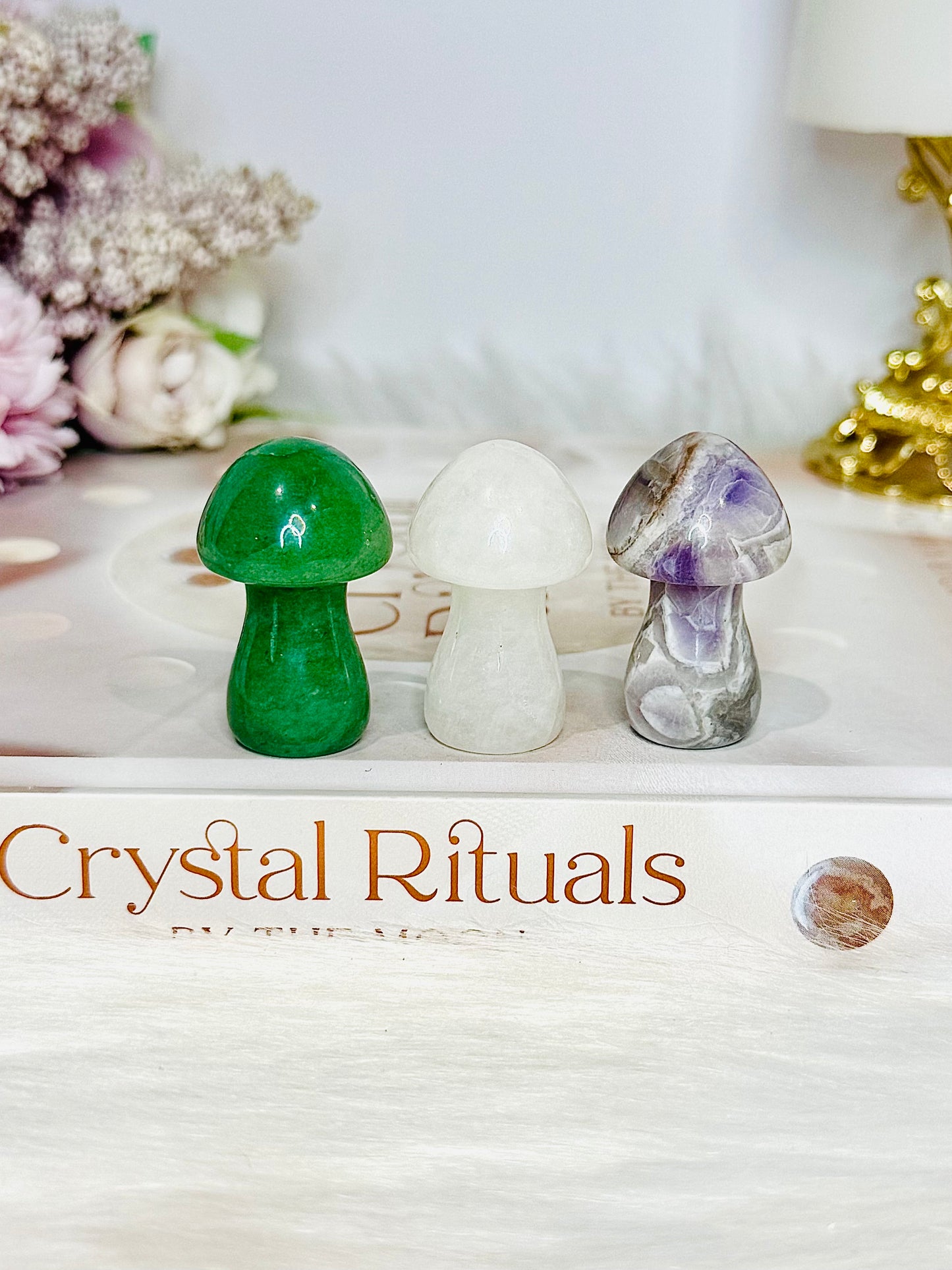 Set of 3 Mushrooms ~ Green Aventurine, Clear Quartz & Chevron Amethyst