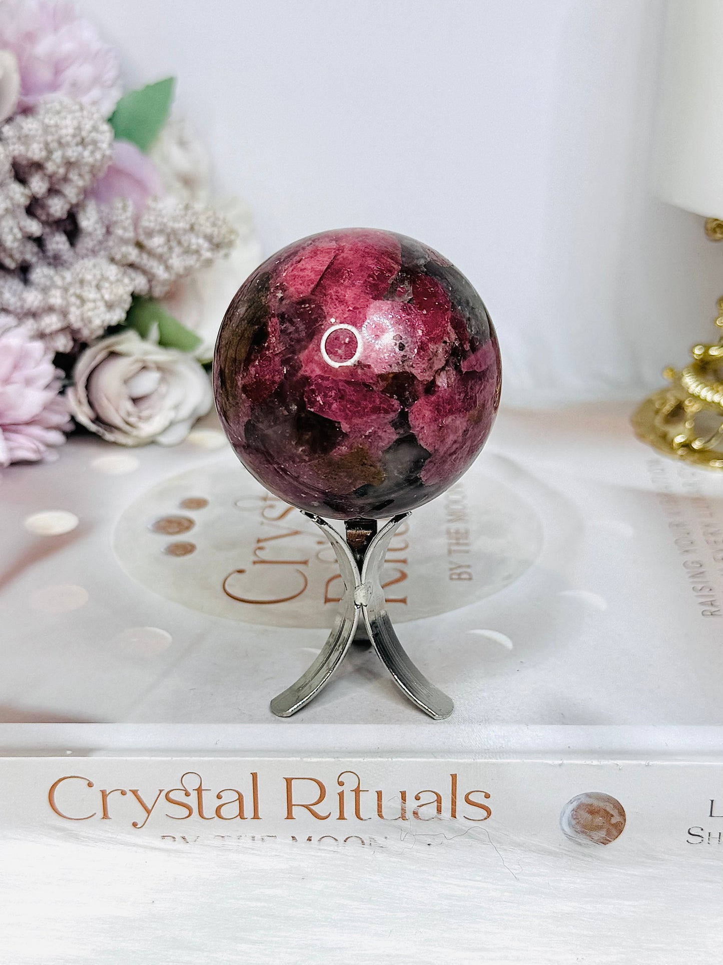 High Grade Rhodonite Sphere On Stand 200g