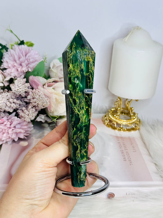 Emerald Jasper Carved Wand | Tower on Stand 17.5cm