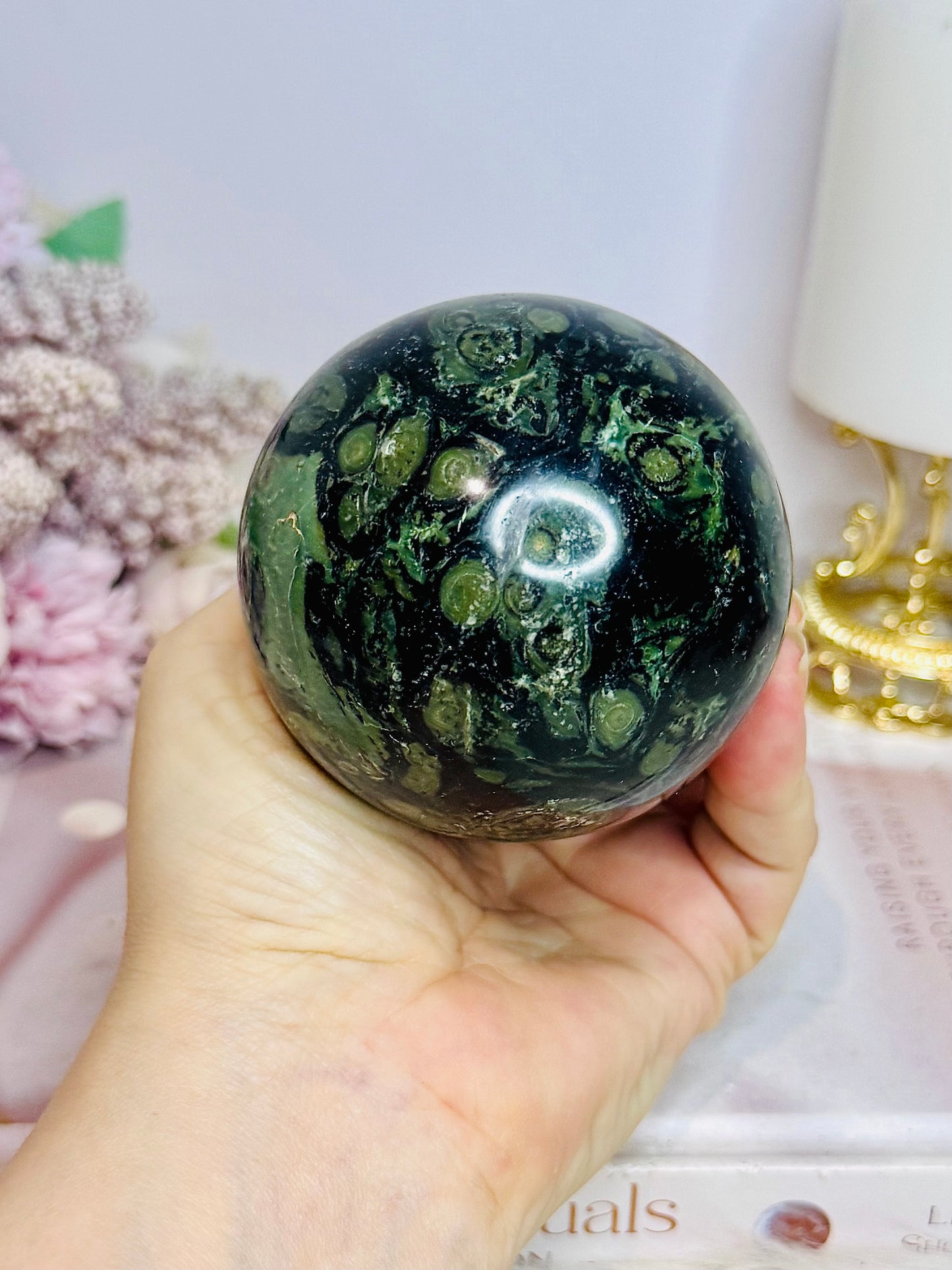 Large Green Kambaba Jasper Sphere on Stand 486g
