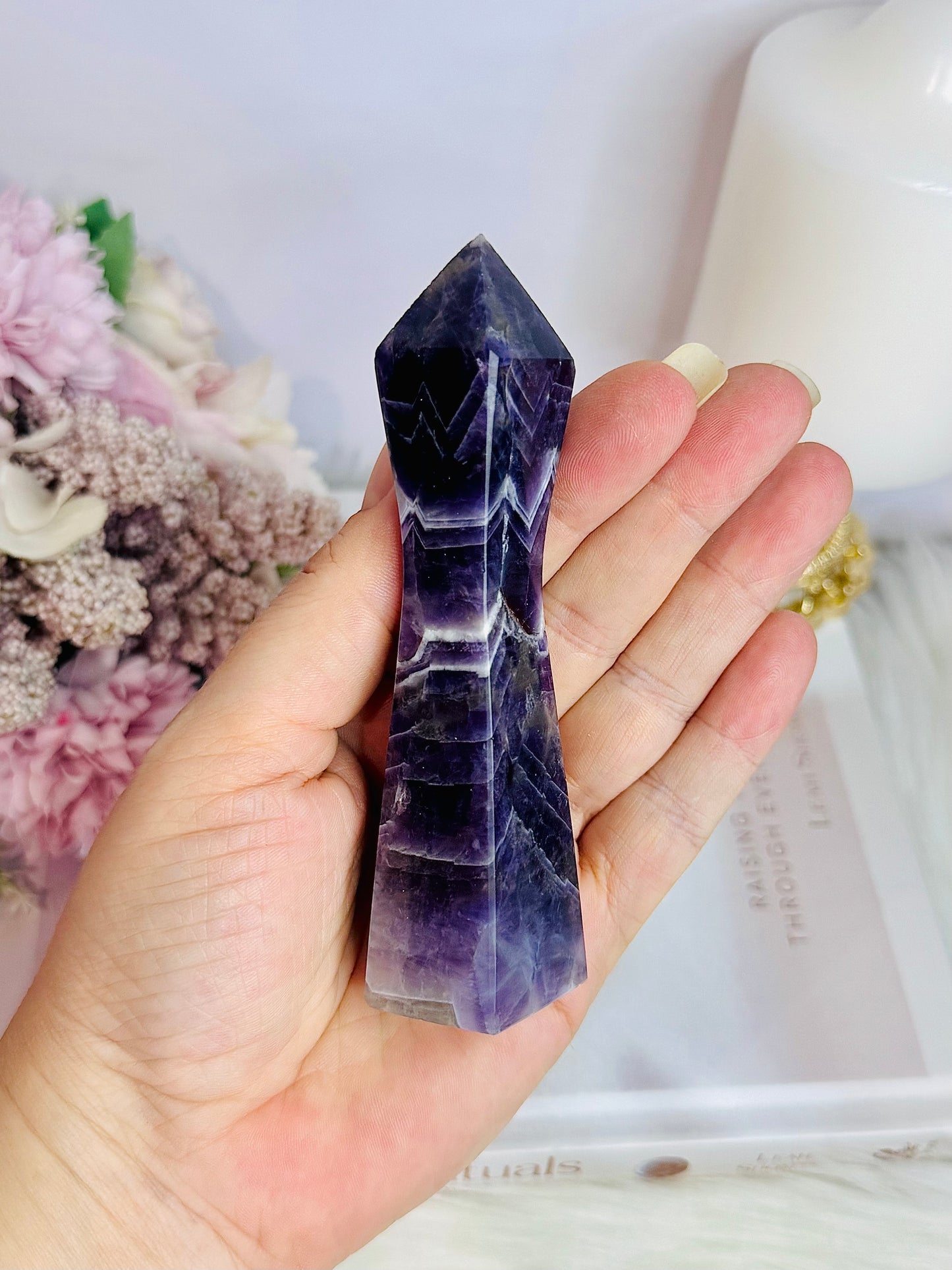 Uniquely Cut Beautiful Chevron Amethyst Tower 11.5cm