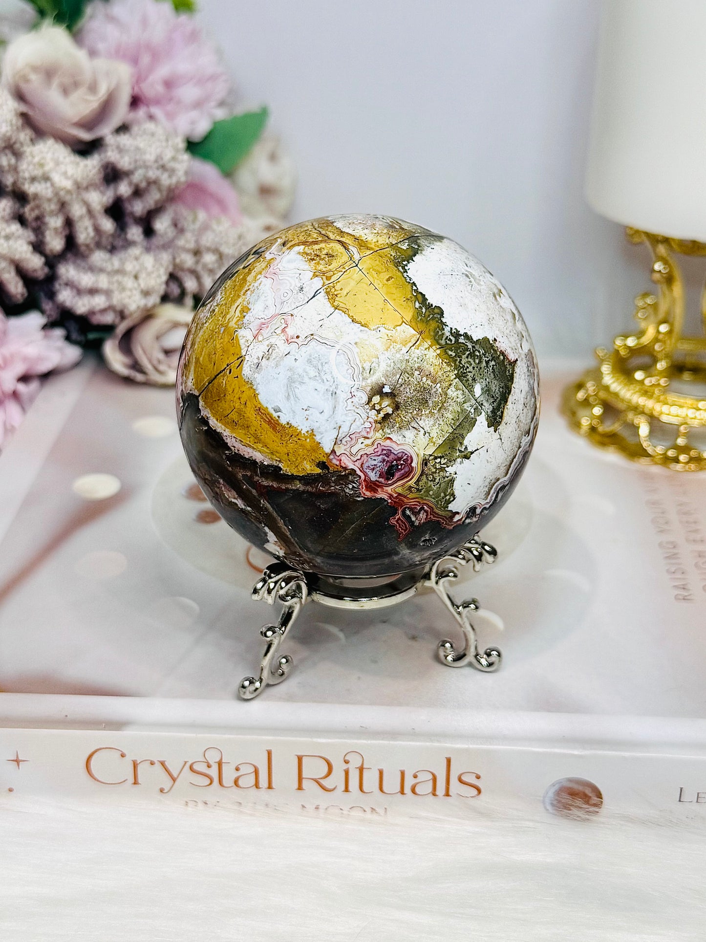 Large Mexican Crazy Lace Agate Druzy Sphere on Stand 449g