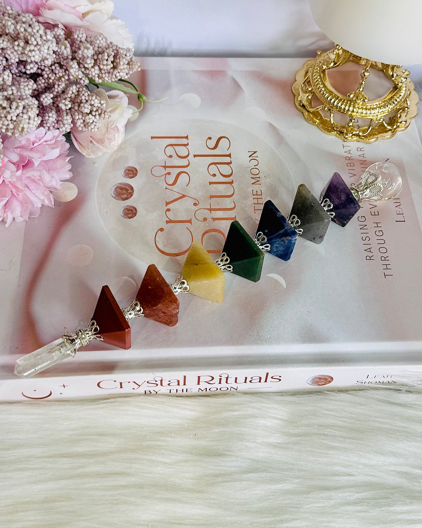 Magical 7 Chakra Crystal Wand with Clear Quartz Point 20cm