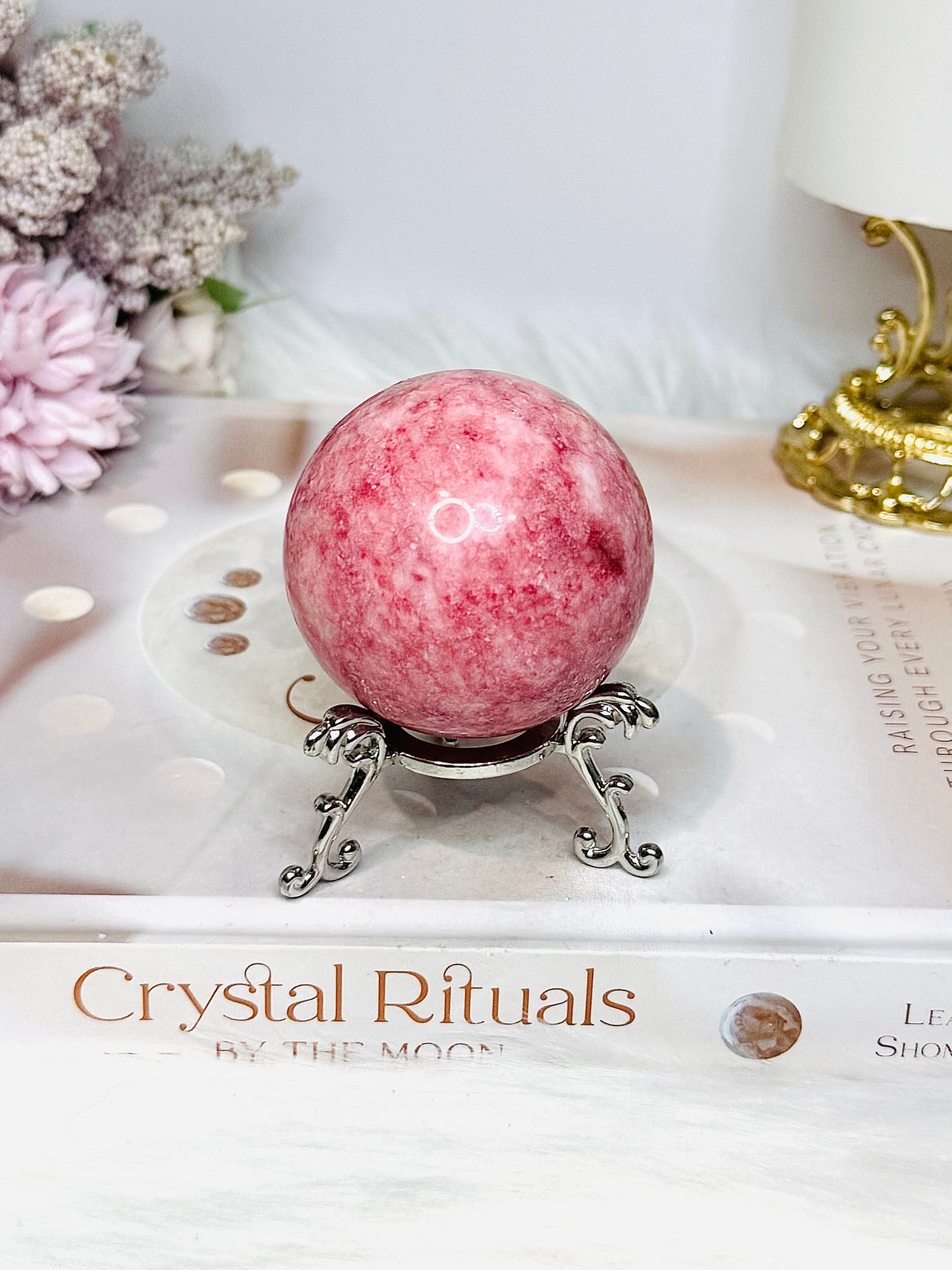 Thulite Sphere with Epidote 202g On Stand