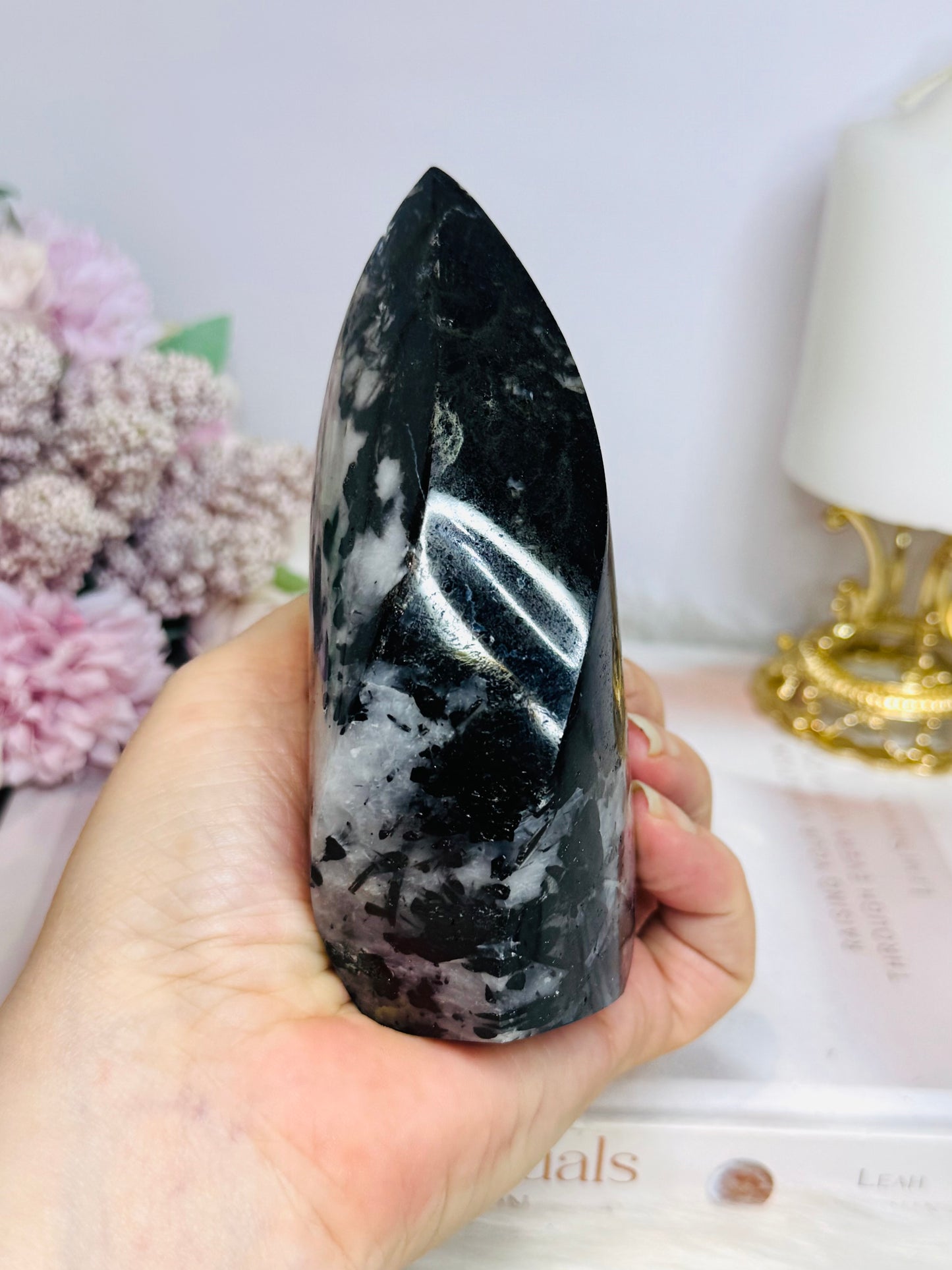 Black Tourmaline in Quartz Carved Flame From Brazil 12.5cm 491g