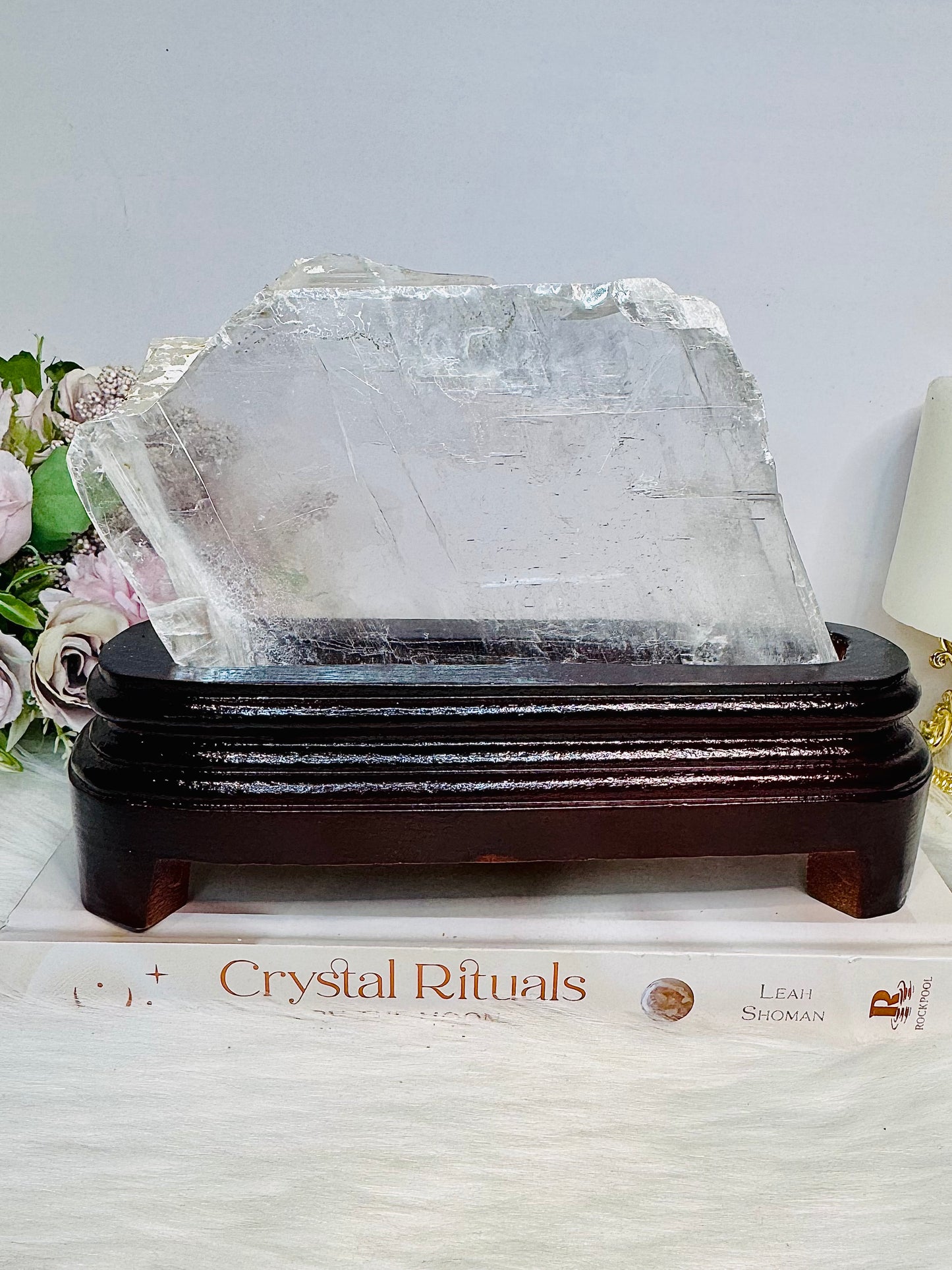 Natural Large Selenite Slab on Timber Stand 19.5cm 701g