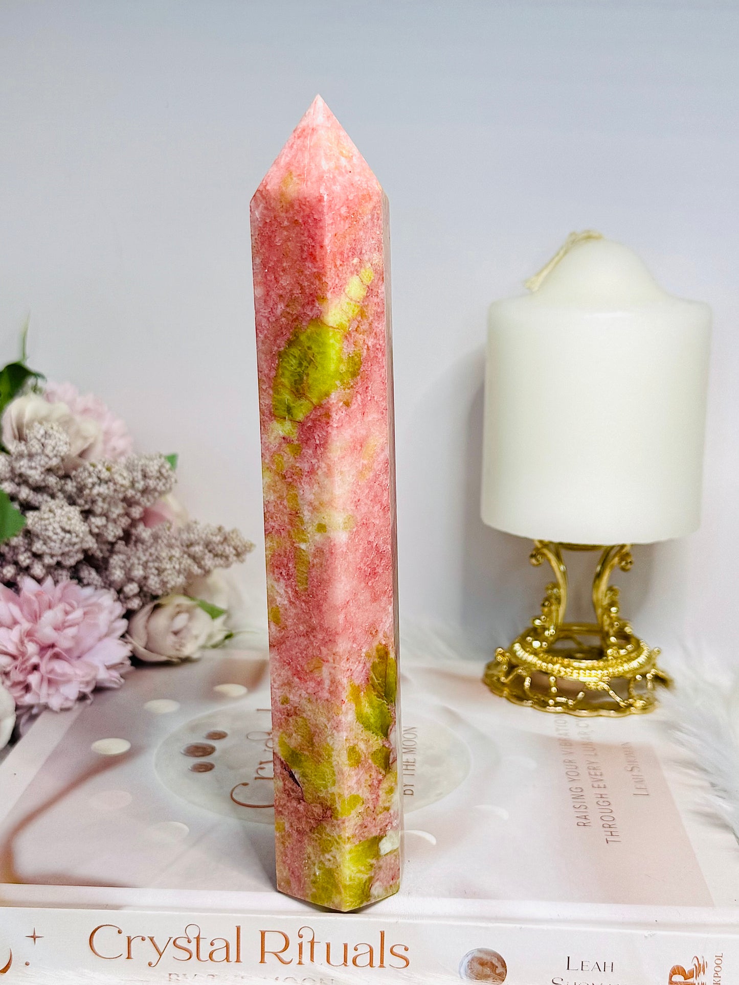 Rare Large Thulite Tower with Epidote Inclusions 19cm