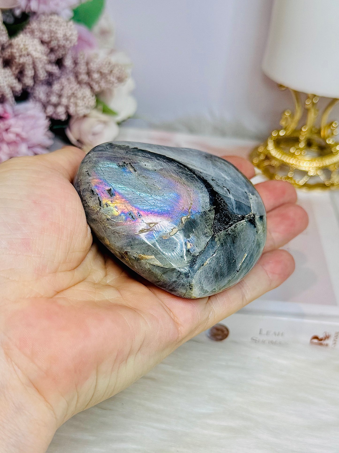 Labradorite Carved Heart with Flash 8cm