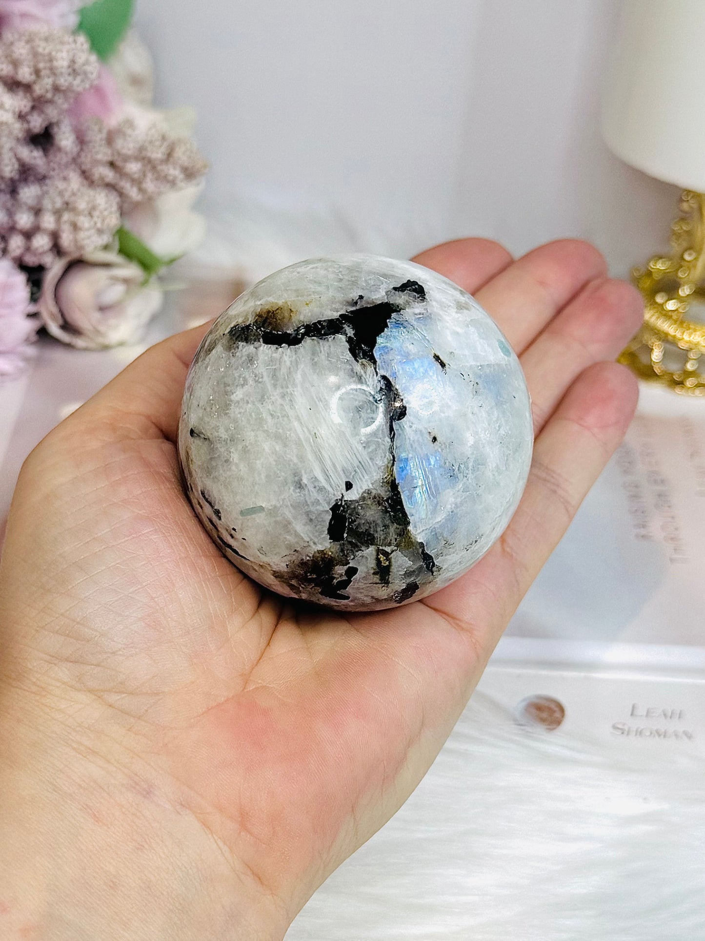 Rainbow Moonstone Sphere on Stand with Blue Flash 337g