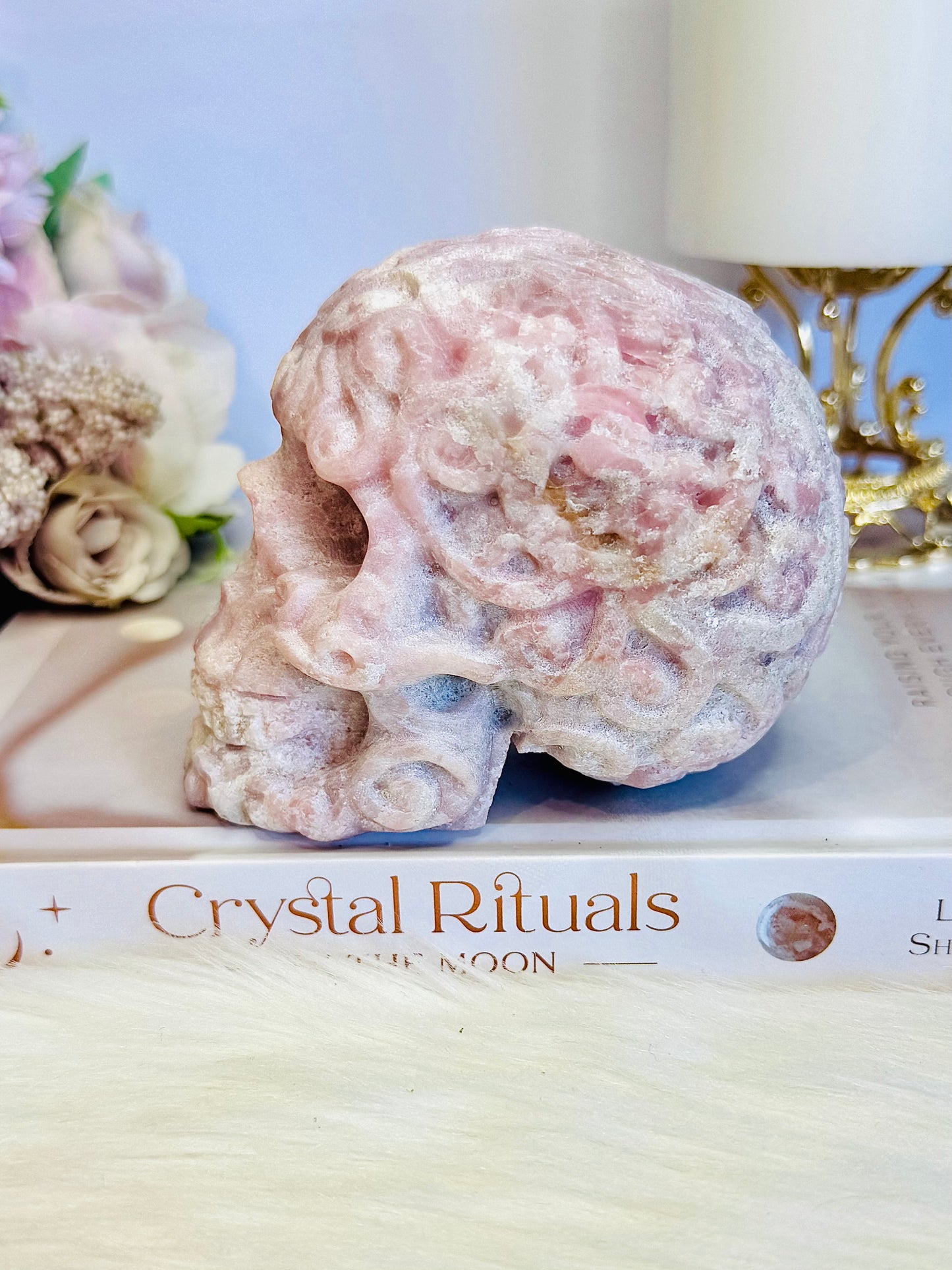 Incredible Large Perfectly Carved Pink Opal Patterned Skull 10cm 772grams