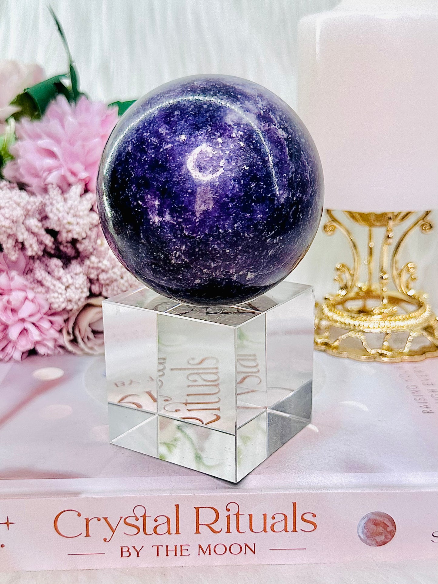 Beautiful Large Purple Lepidolite Sphere 504grams Comes On Stand (Glass stand in pic is display only)