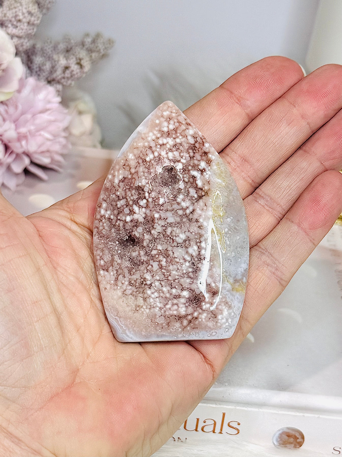 Flower Agate Carved Thin Flame on Stand 7.5cm