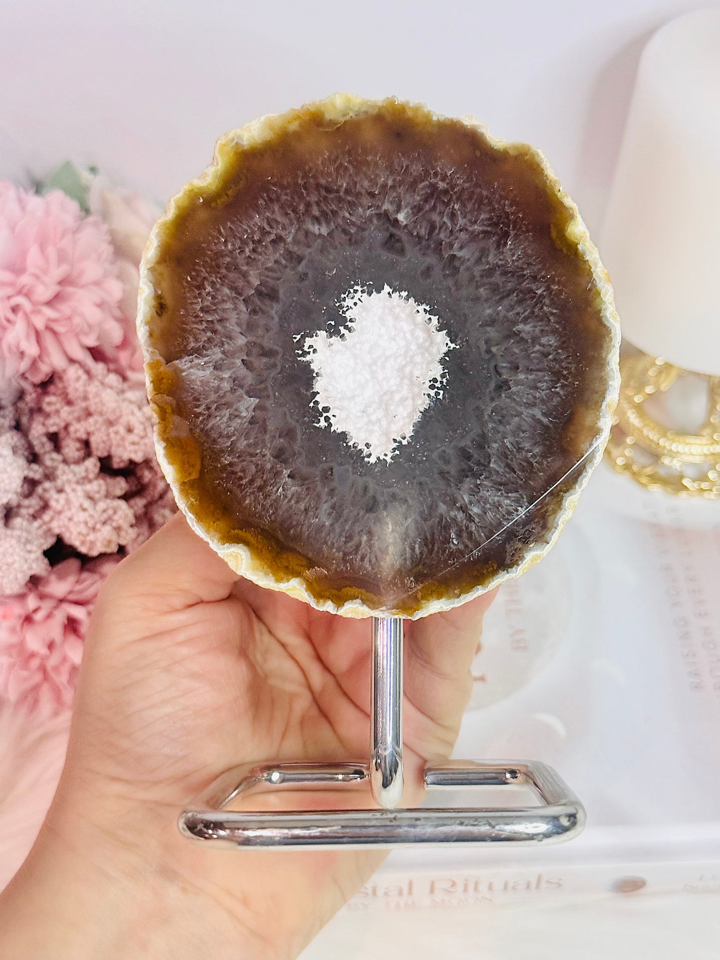 Beautiful 14cm Large Chunky Natural Agate Geode On Silver Stand