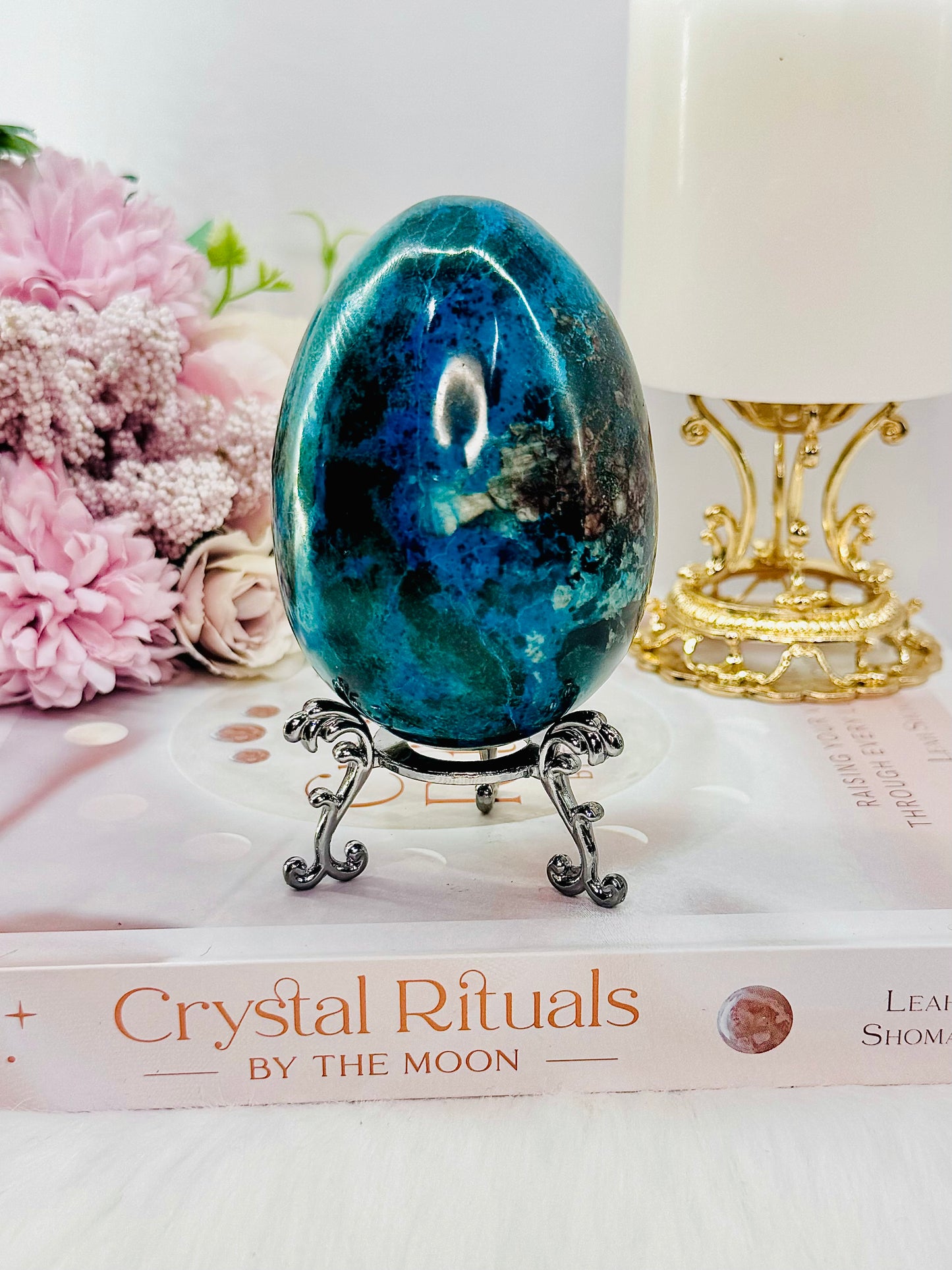 Wow!! Magnificent Large 482gram Chrysocolla Carved & Polished Egg On Stand