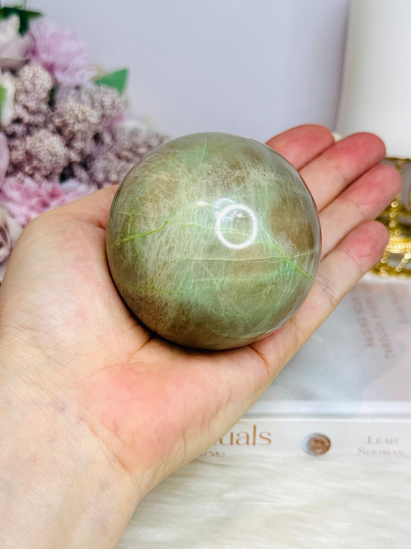 Large Green Moonstone Sphere on Timber Stand 383g