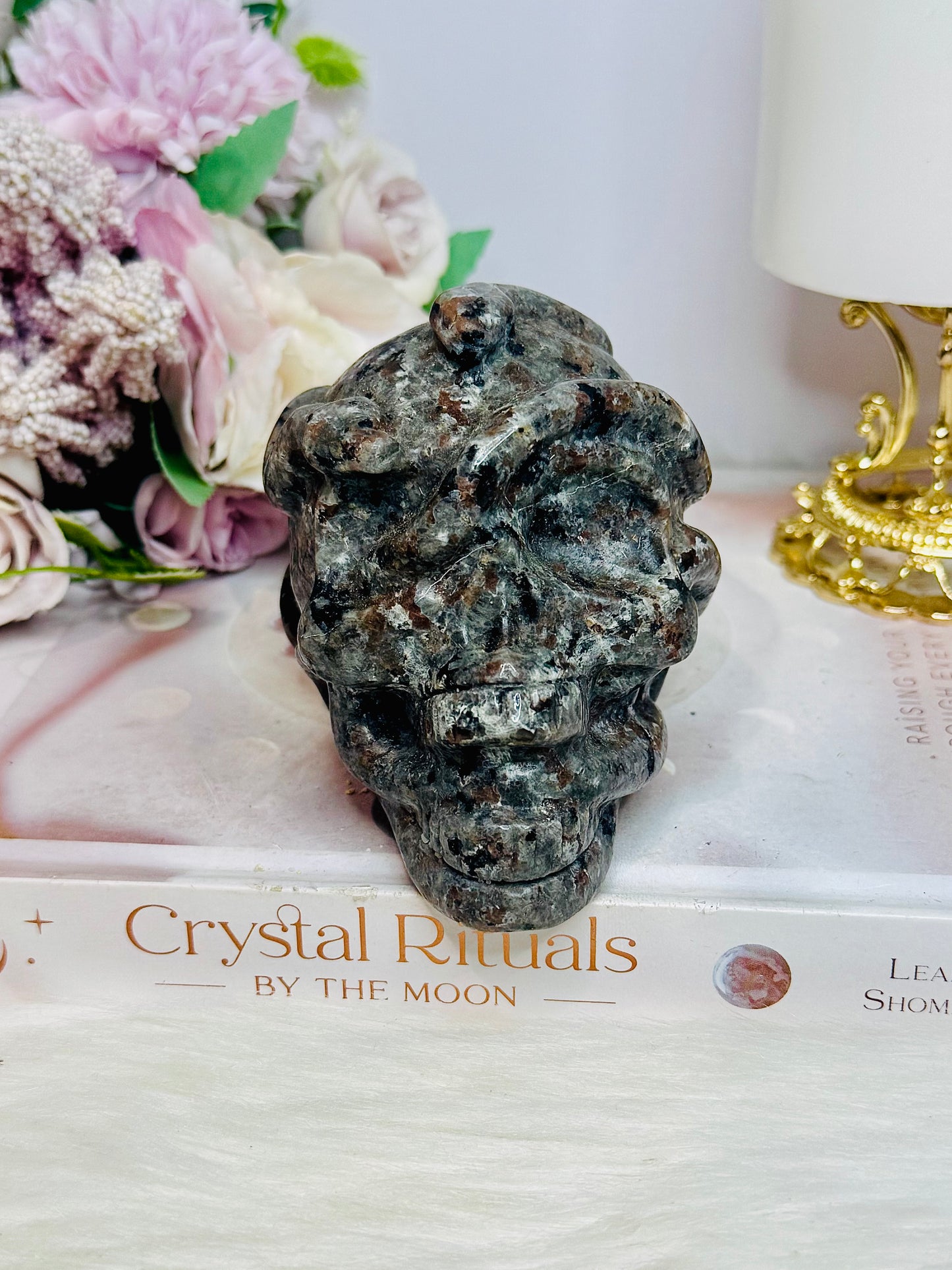 Large Yooperlite Carved Skull with Snake (UV Reactive) 617g