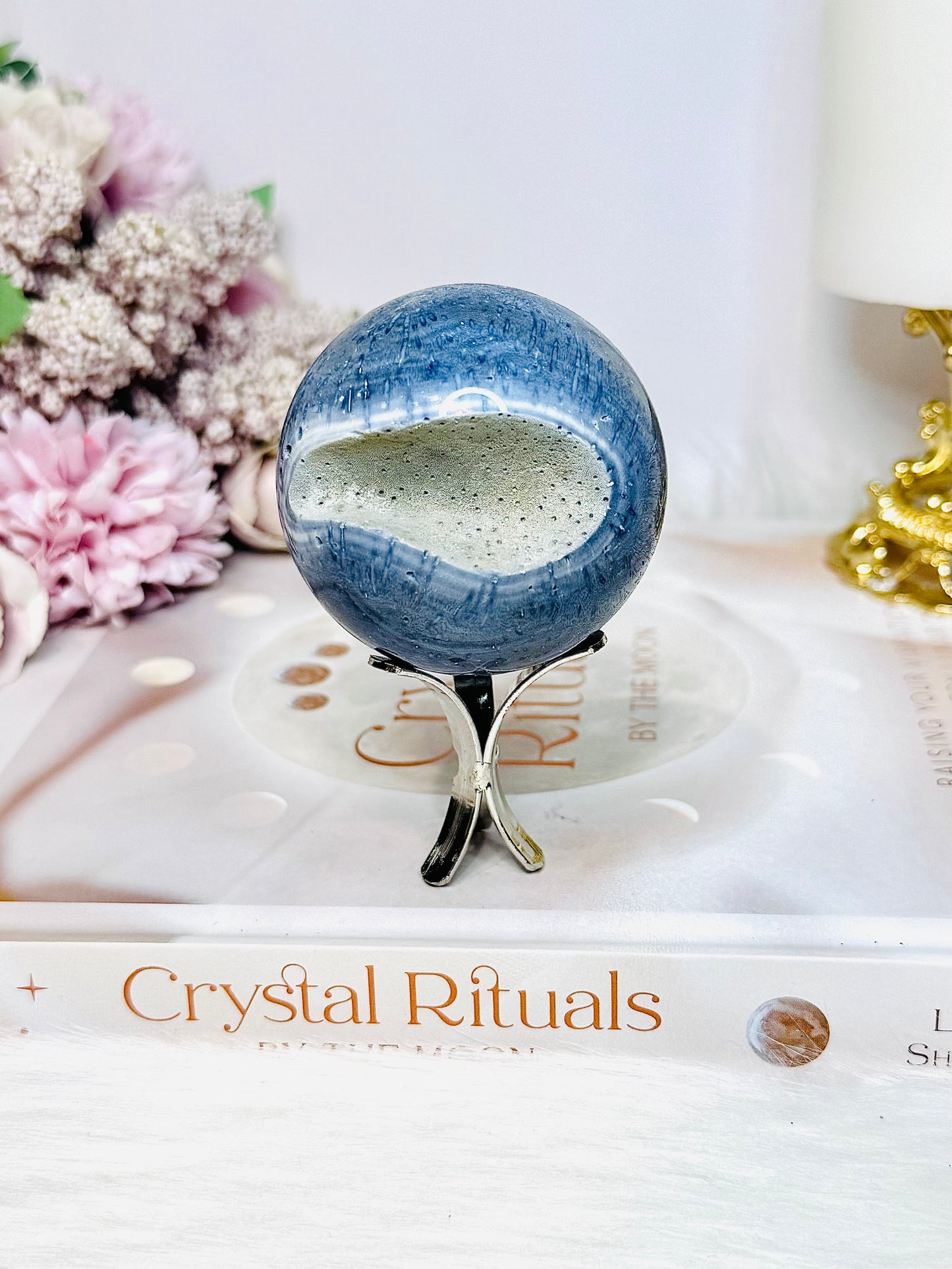 Rare Blue Coral Fossil Sphere on Stand 205g