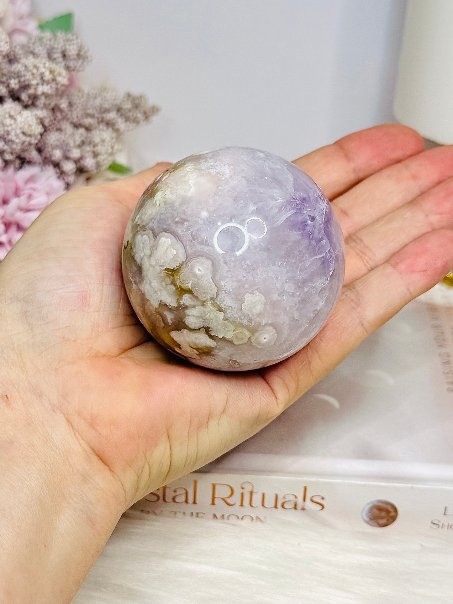 Flower Agate X Amethyst Sphere on Stand 280g