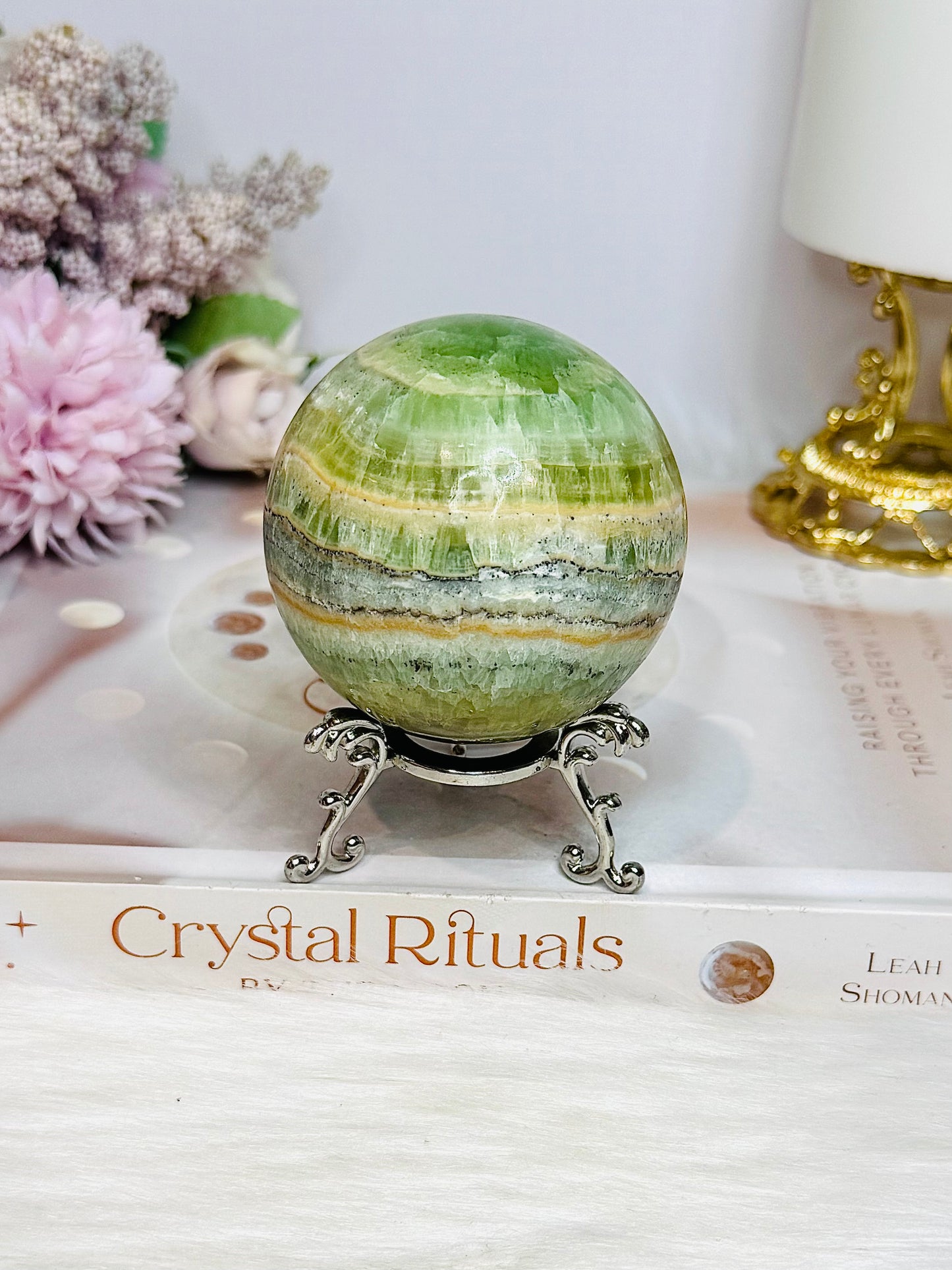 Green Calcite Sphere on Stand 338g