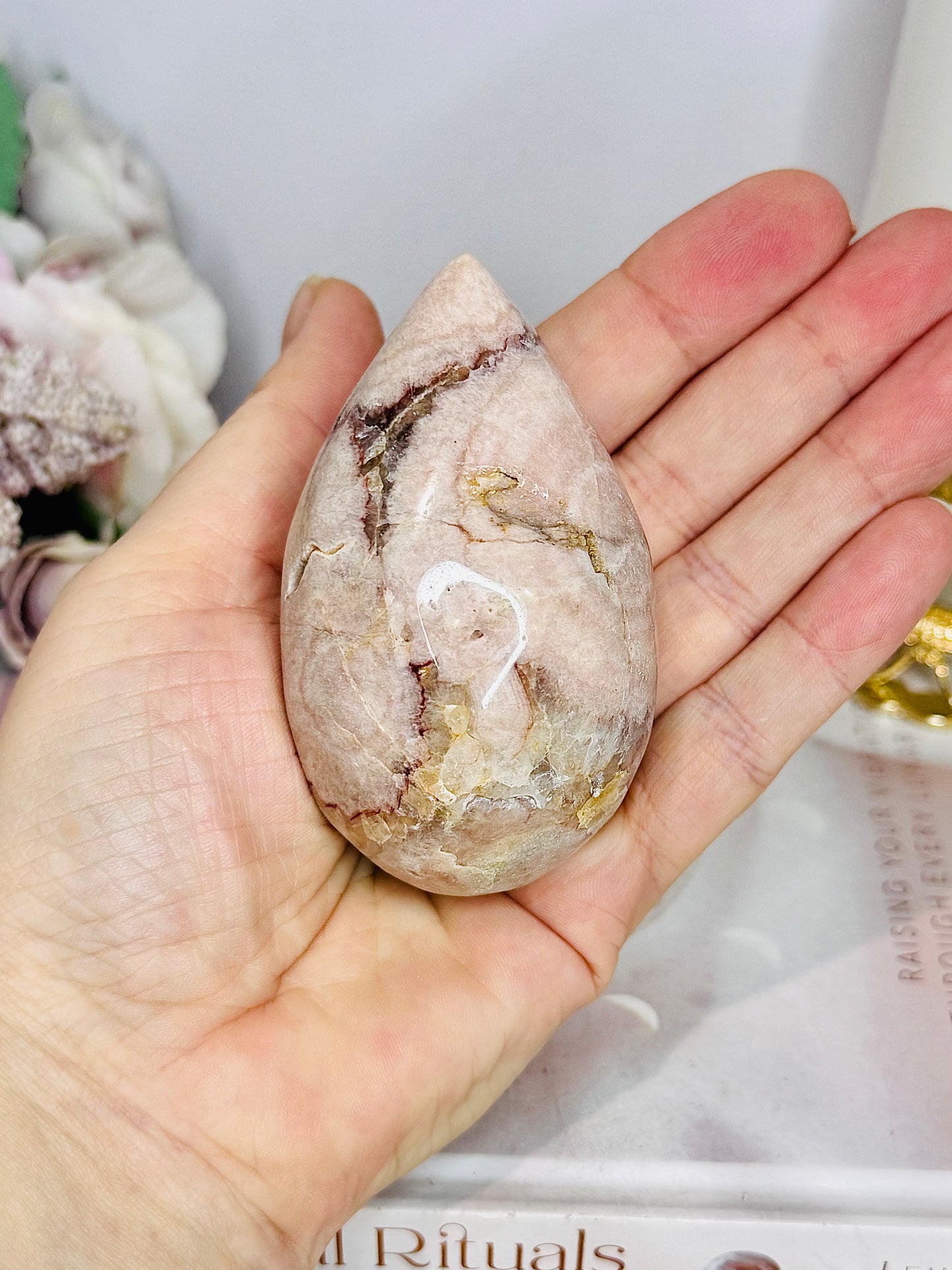 Druzy Flower Agate Carved Egg on Stand 8cm
