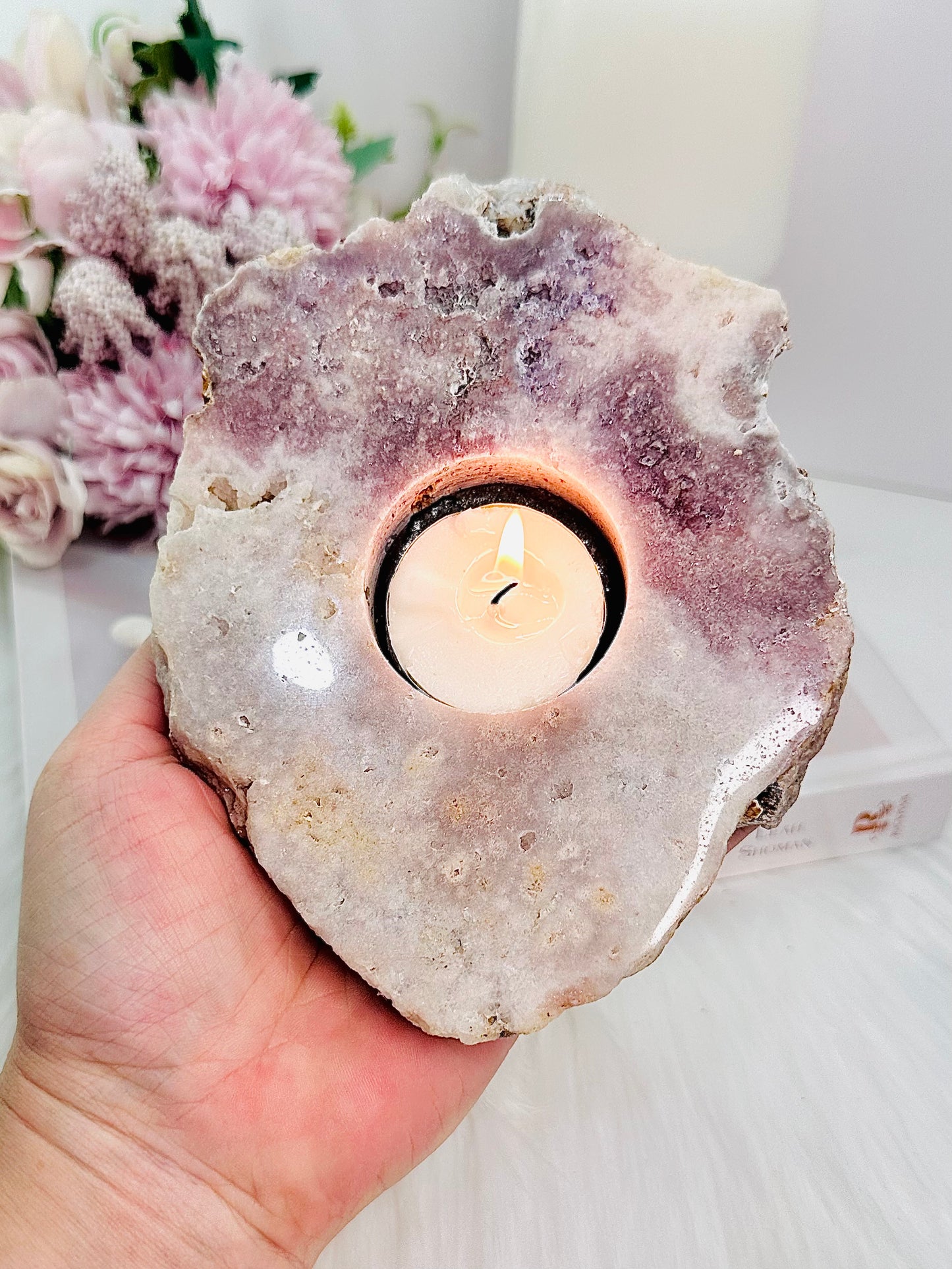 Elegant Pink Amethyst Large Natural Candle Holder 16cm