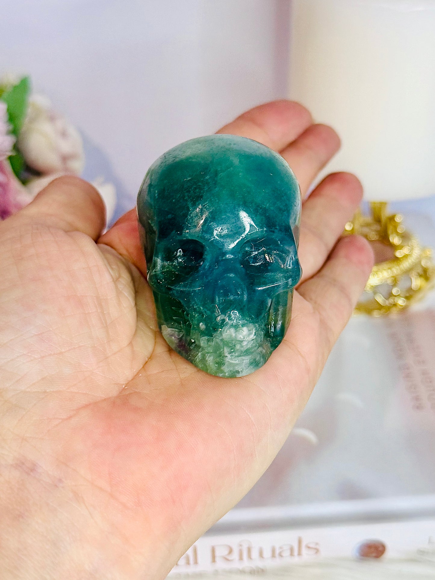 Beautiful Green Fluorite Carved Skull 7cm