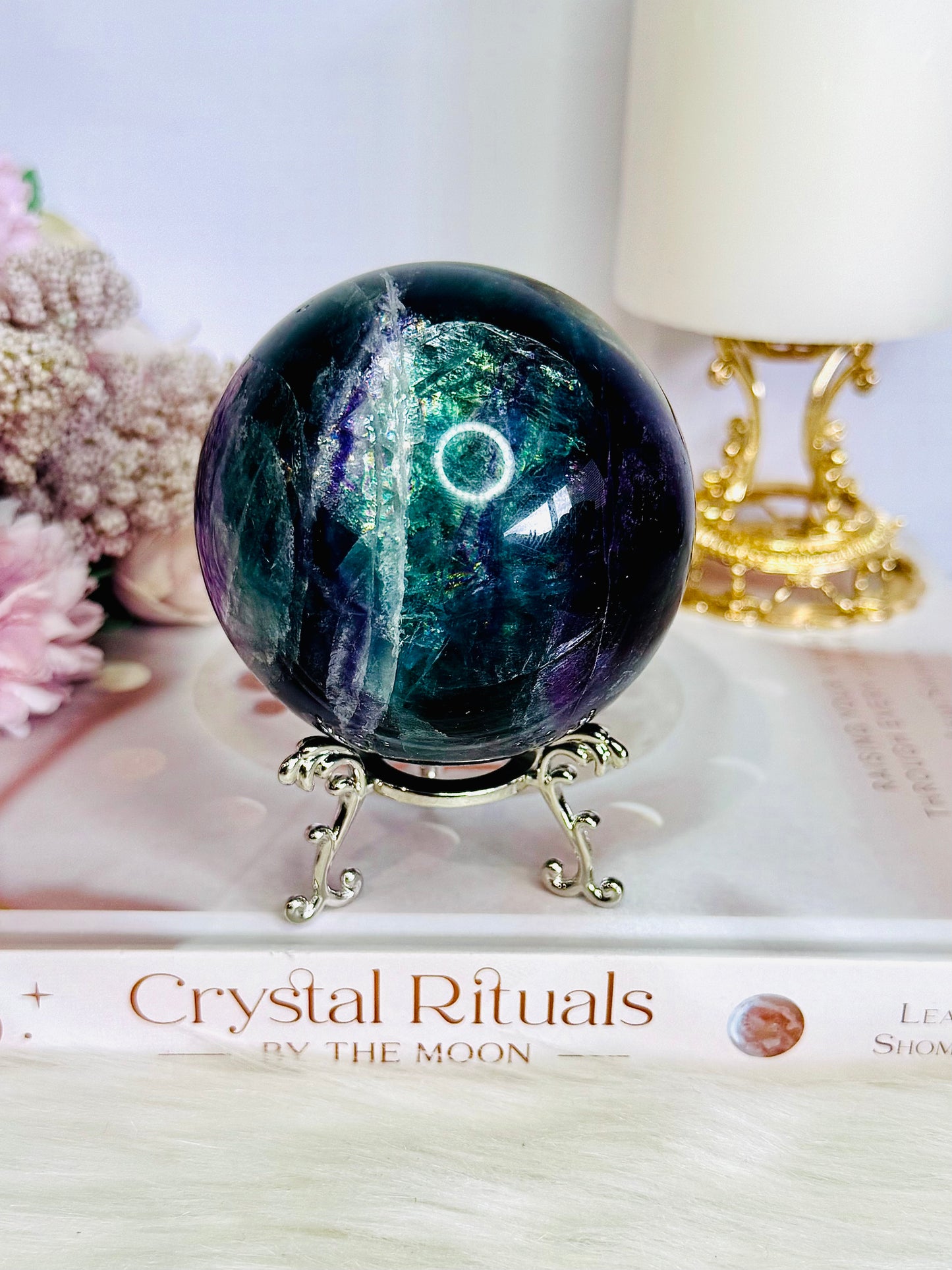 Incredibly Stunning Large 598gram Rainbow Fluorite Sphere On Stand with Amazing Rainbows