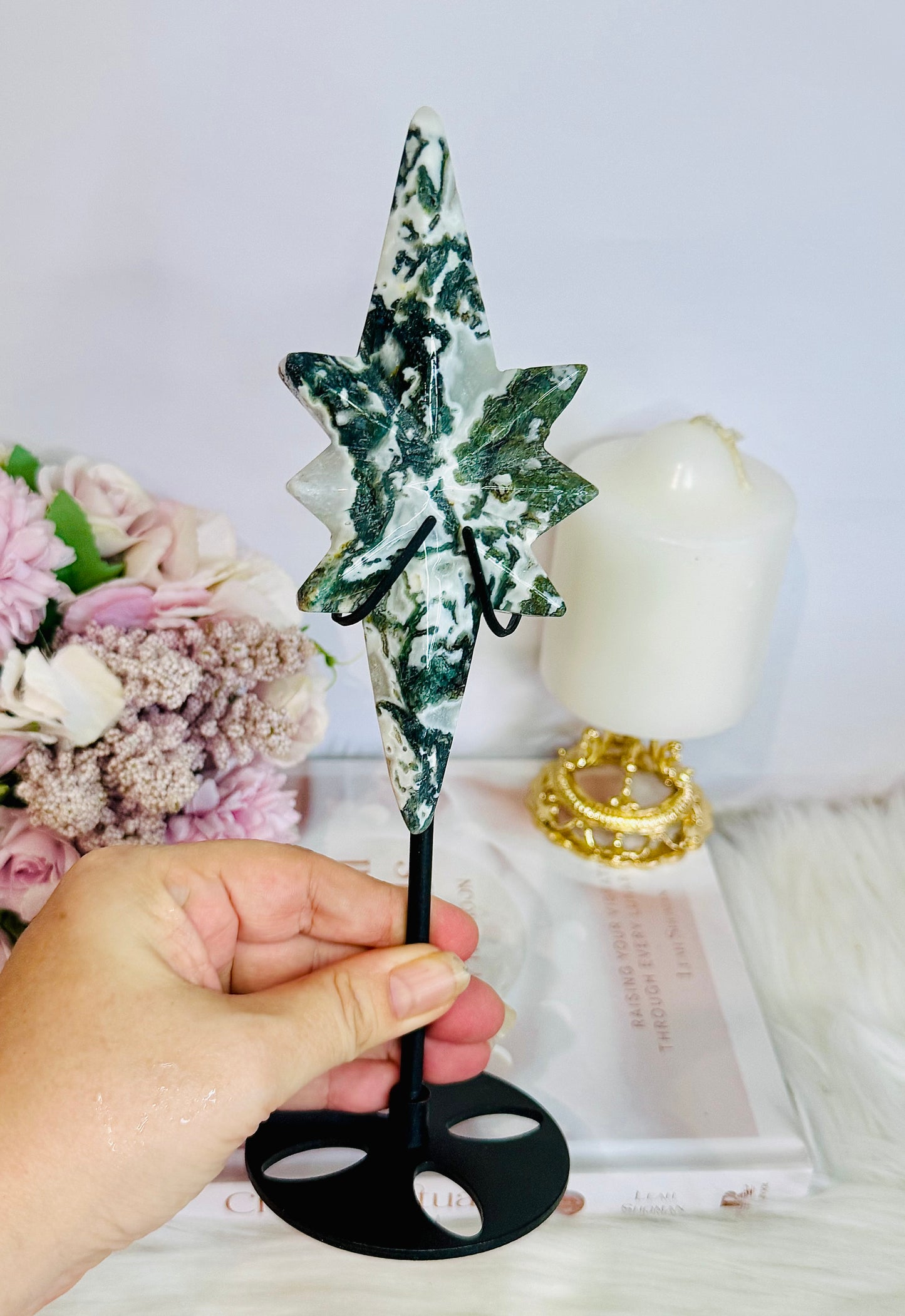 Stunning Large Natural Moss Agate Carved Polaris Star On Stand 24.5cm