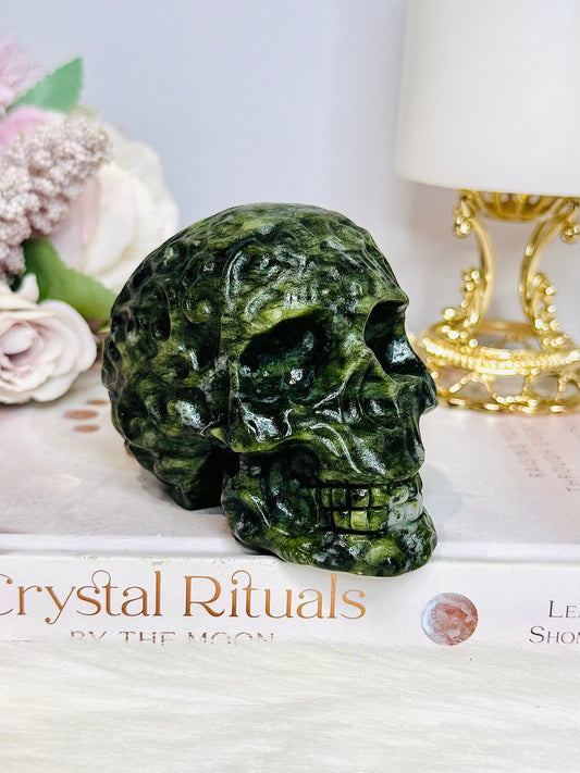 Green Jade Filigree Carved Skull 9cm