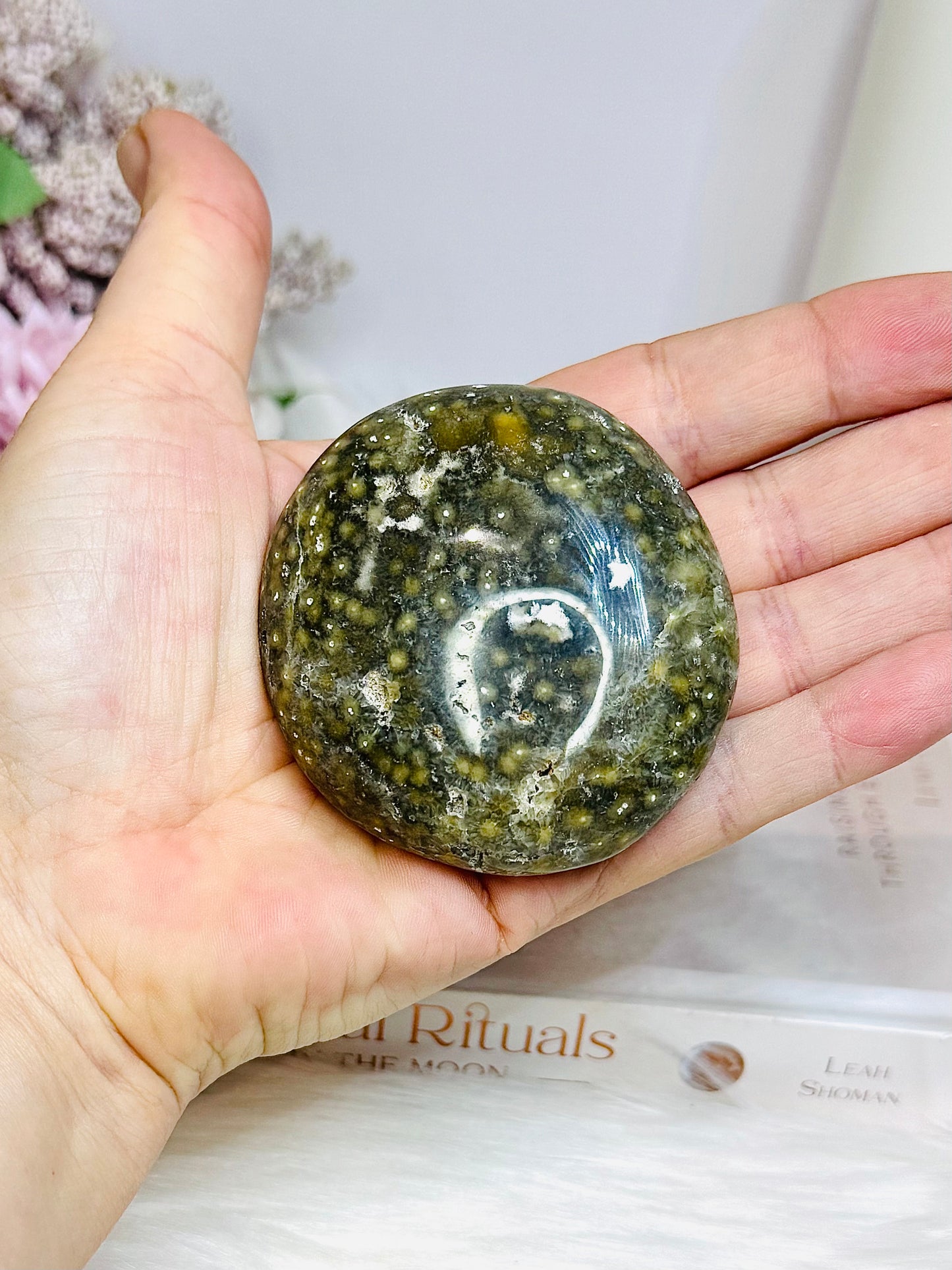 Large Orbicular Ocean Jasper Palm Stone