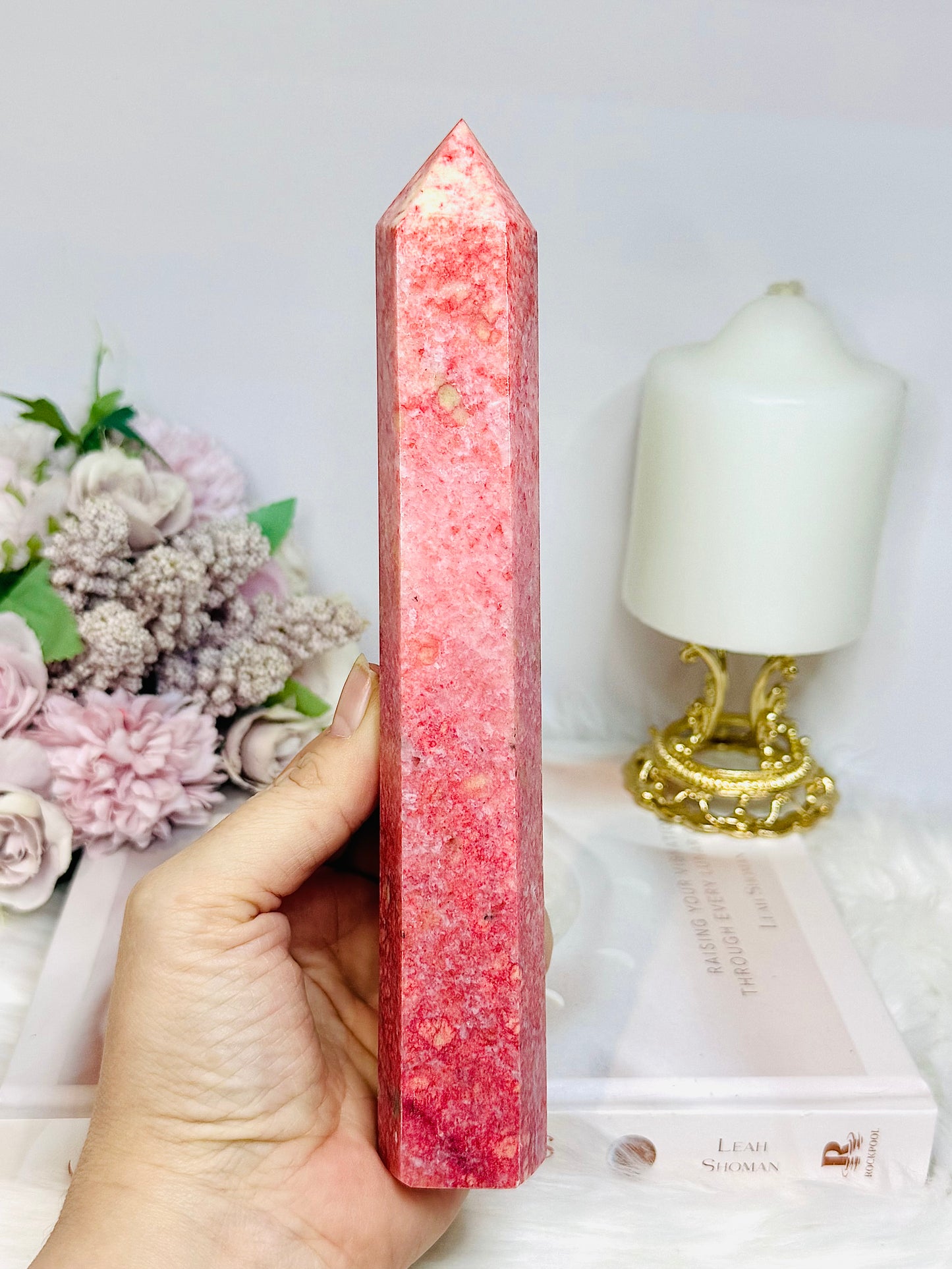Rare Large Thulite Tower with Epidote Inclusions 20.5cm