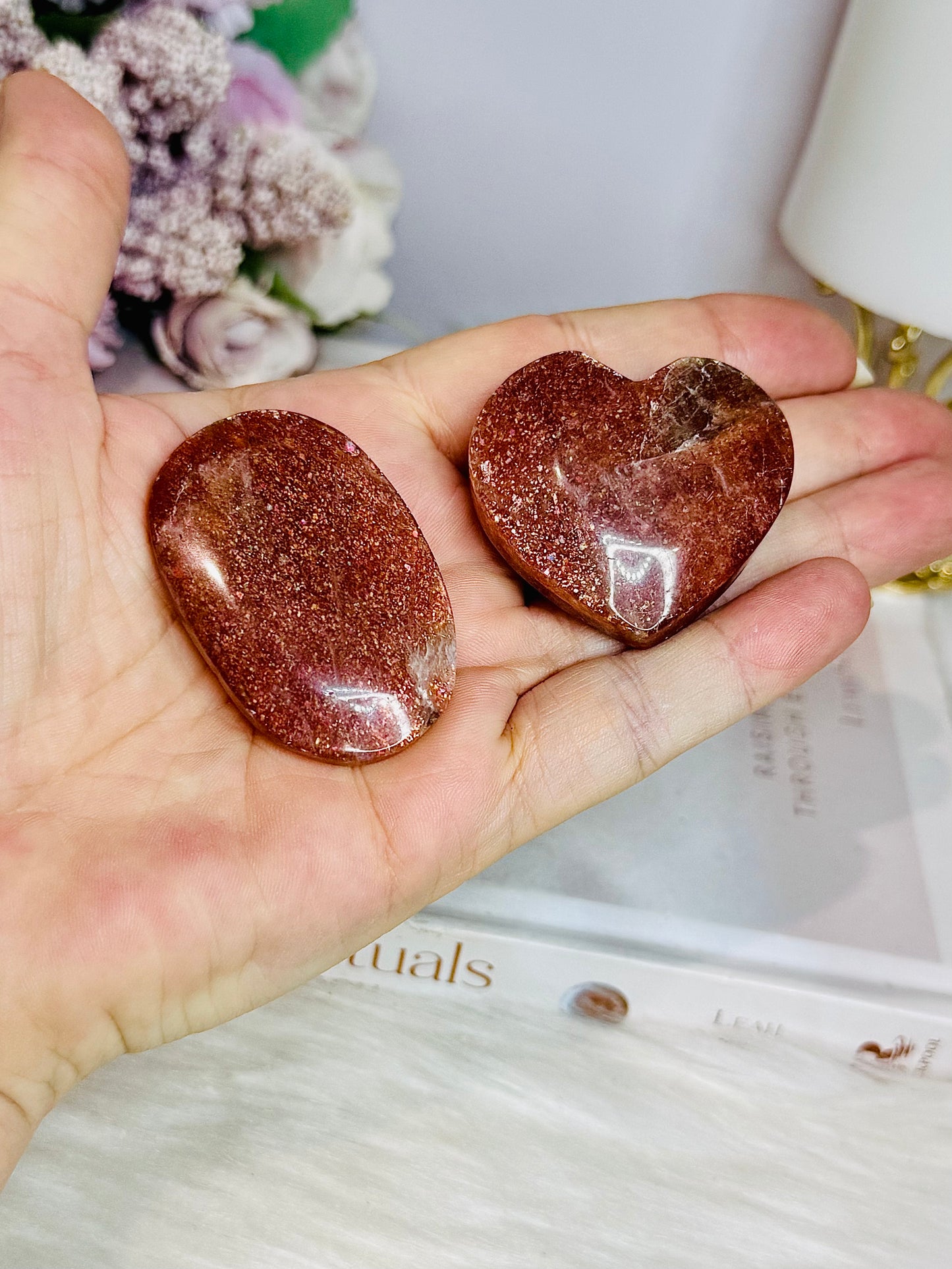 High Grade Golden Sunstone Carved Heart & Palm Stone Set