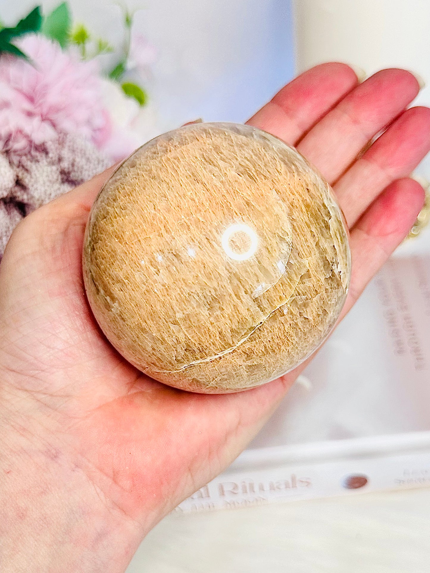 Gorgeous Large 478gram Peach Moonstone Sphere with Amazing Flash On Stand