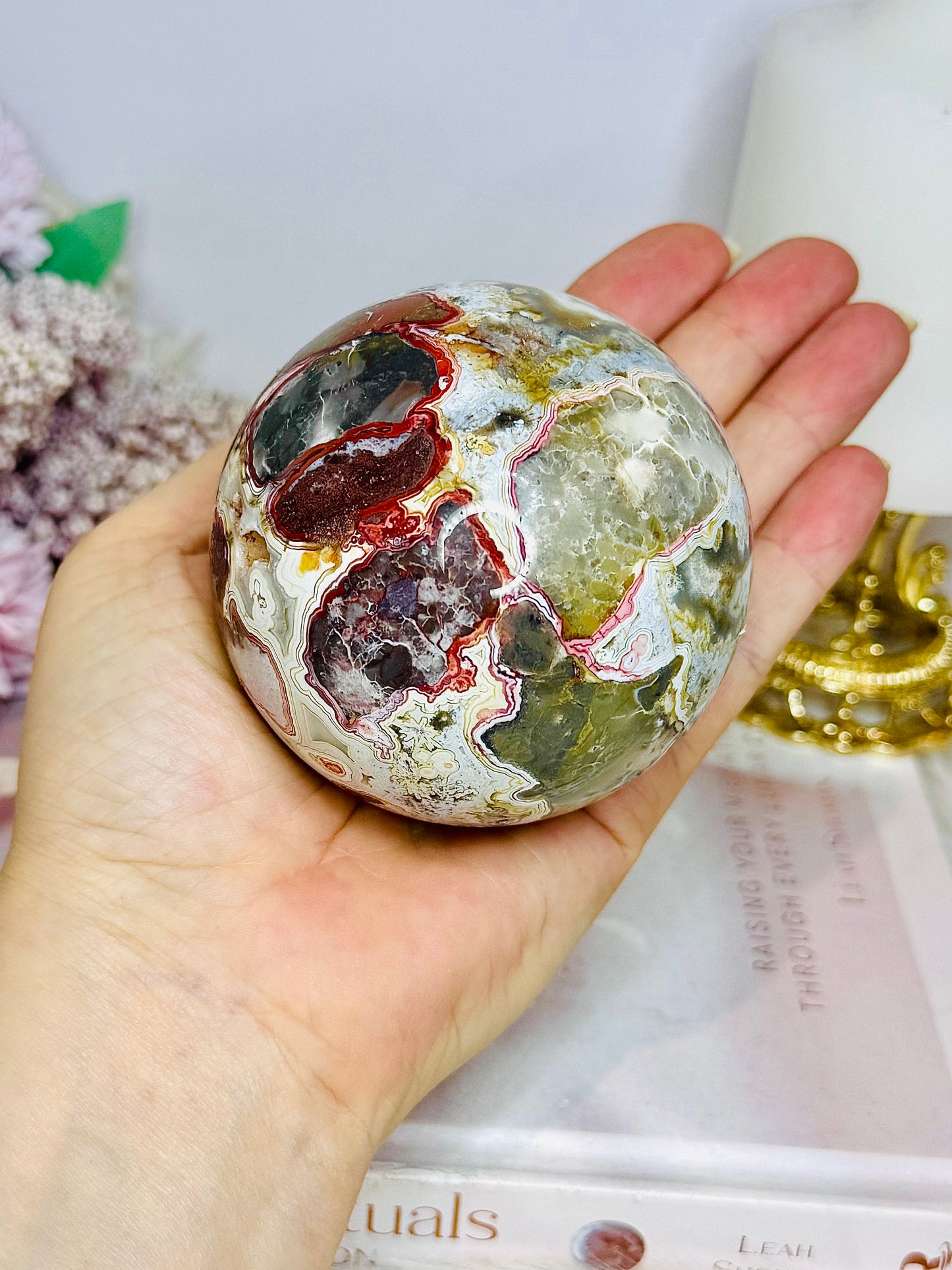 Large Mexican Crazy Lace Agate Druzy Sphere On Stand 552grams