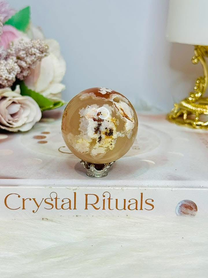 Small Flower Agate Druzy Sphere on Stand