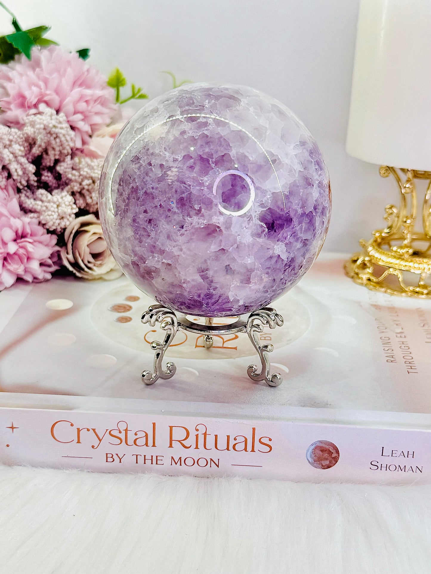 CLASSY!!! FABULOUS!!! MAGICAL!!!
Incredible High Grade Deep Purple Amethyst X Flower Agate Hybrid Sphere 772grams On Silver Stand