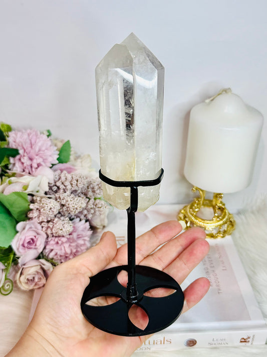 Clear Quartz Double | Twin Tower On Black Stand 17cm