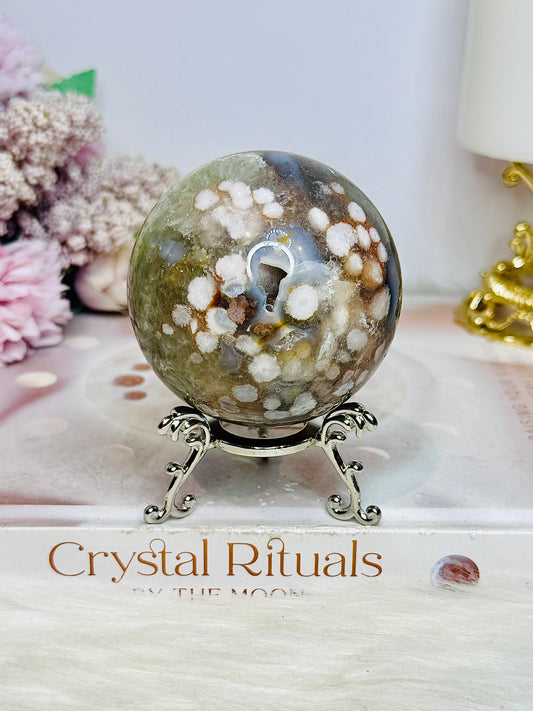 Green Druzy Cherry Blossom Agate Sphere on Stand 335grams