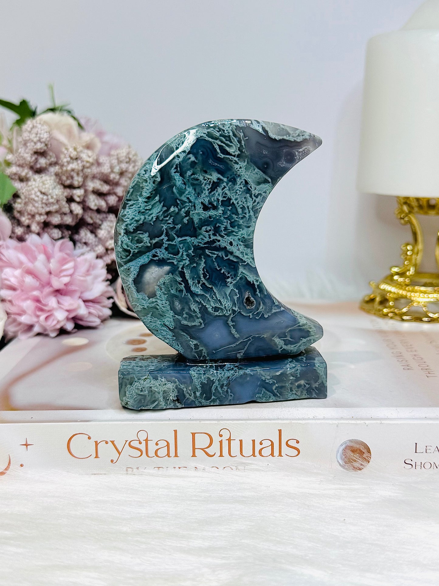 Moss Agate Druzy Moon On Stand 9.5cm
