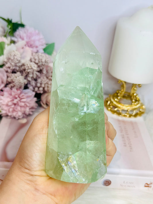 High Grade Light Green Fluorite Tower with Rainbows 14cm 551g