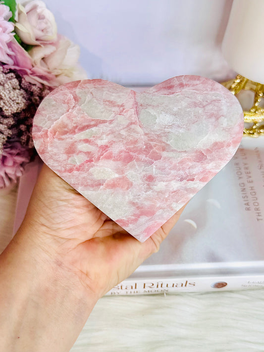 Gorgeous Large Natural Pink Opal Carved Heart On Stand 12cm