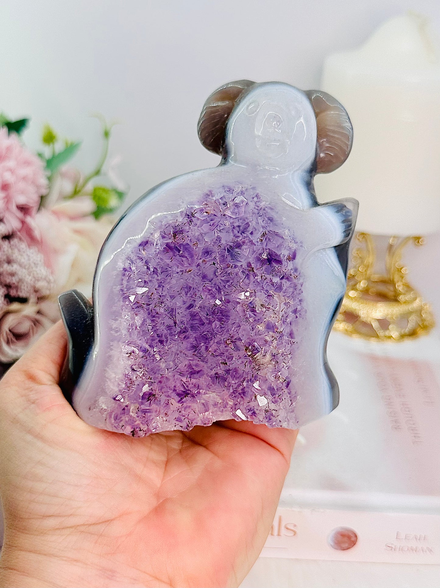 High Grade Truly Stunning Chunky 10cm Druzy Agate Amethyst Carved Koala Bear 476grams