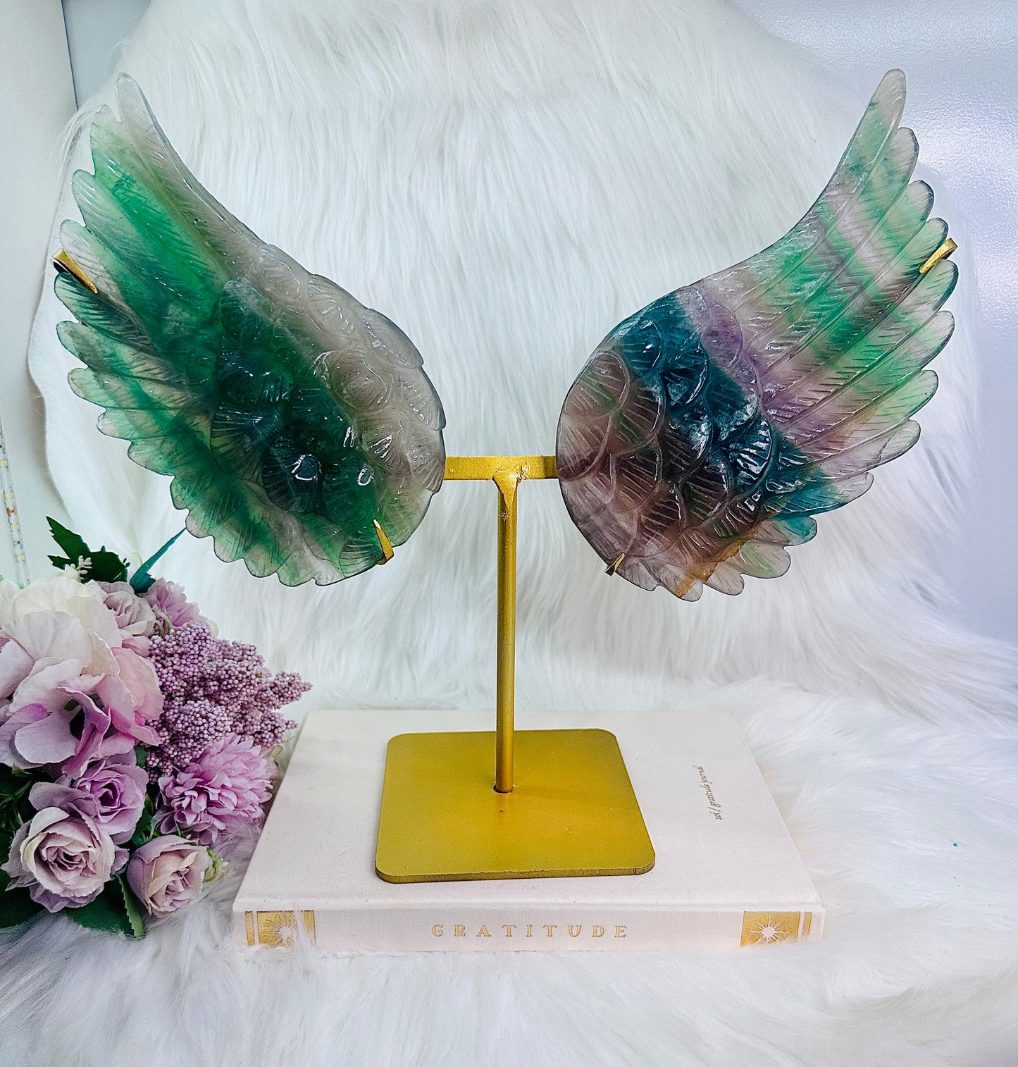 ⚜️ SALE ⚜️The Biggest Most Stunning Set of Rainbow Fluorite Angel Wings on Gold Stand From Brazil - The Wings Alone Weigh 1.49KG, The Set is 30cm High (inc stand) Absolute Statement Piece