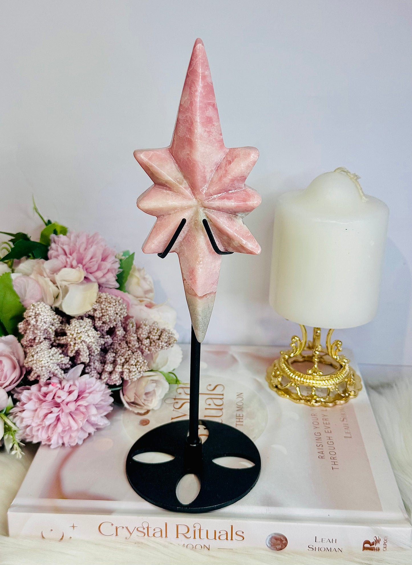 Natural Pink Opal Carved Polaris Star On Stand 24.5cm