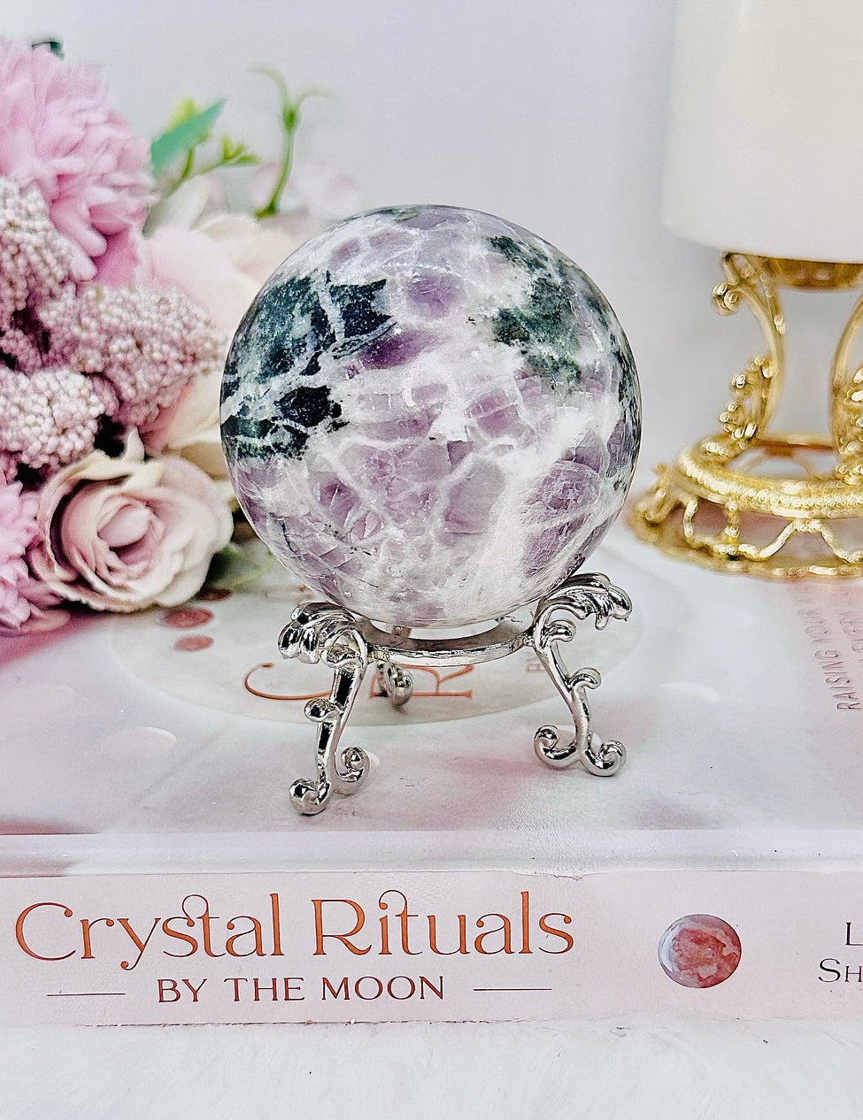 Stunning Silky Fluorite Sphere with Pyrite Inclusions On Stand 304grams