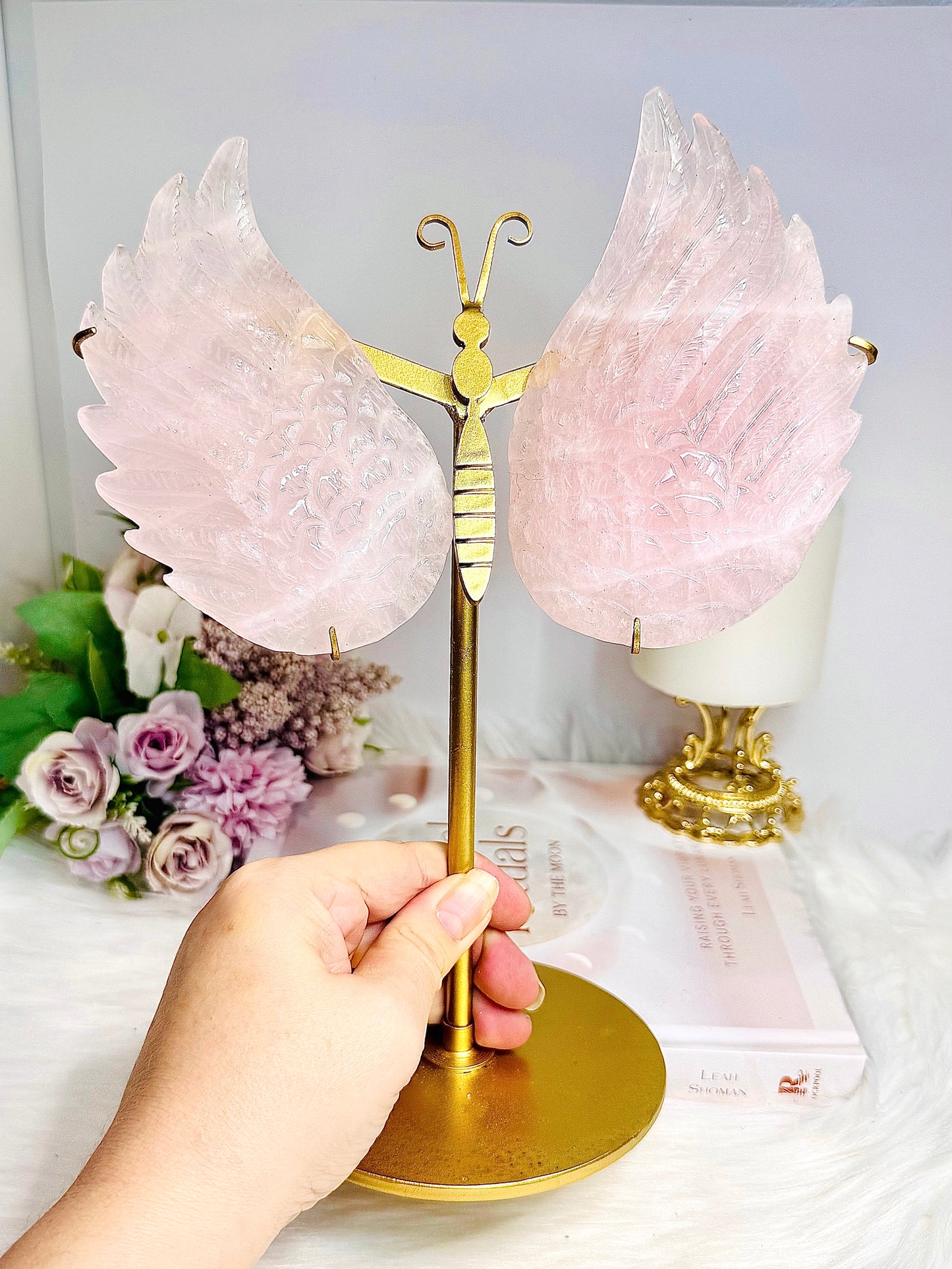 Large Chunky Rose Quartz Butterfly Wings on Gold Stand 26cm 944g