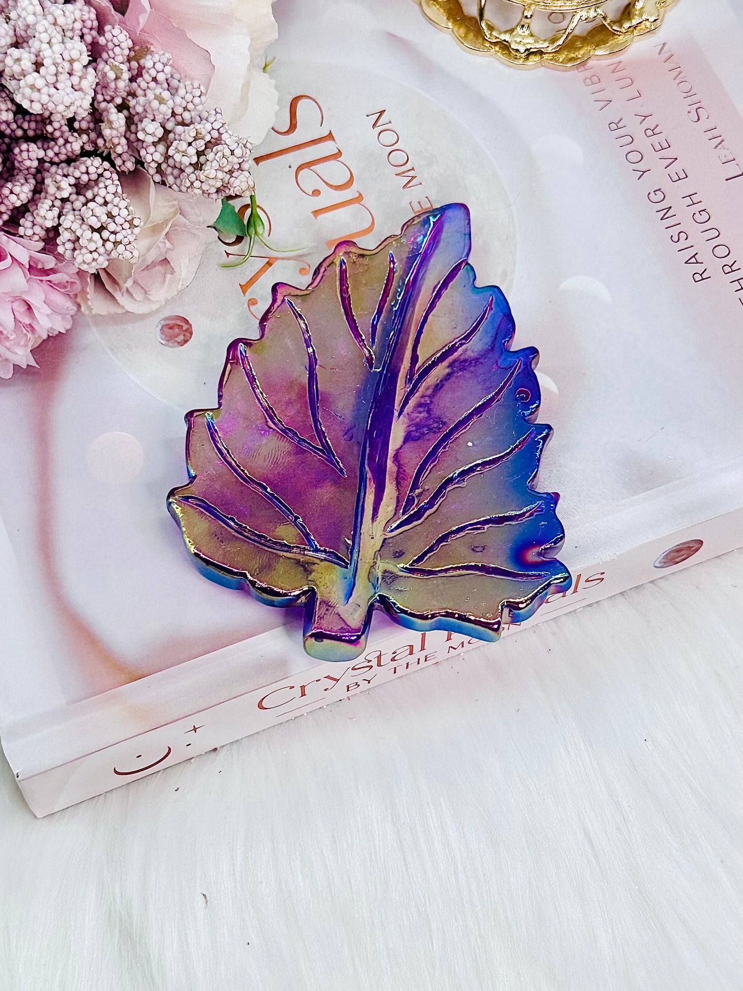 Stunning Aura Purple Quartz Leaf Carving 11cm