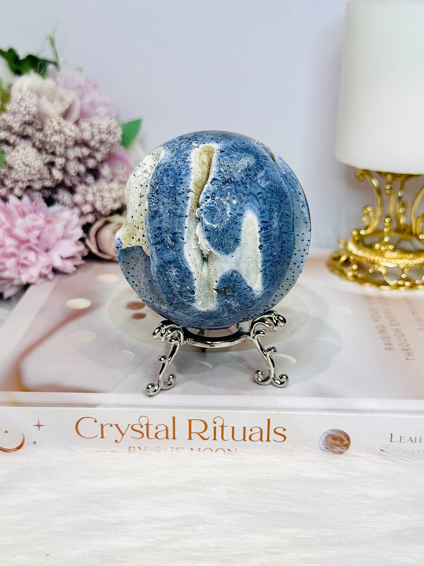 Rare Blue Coral Fossil Sphere on Stand 310g
