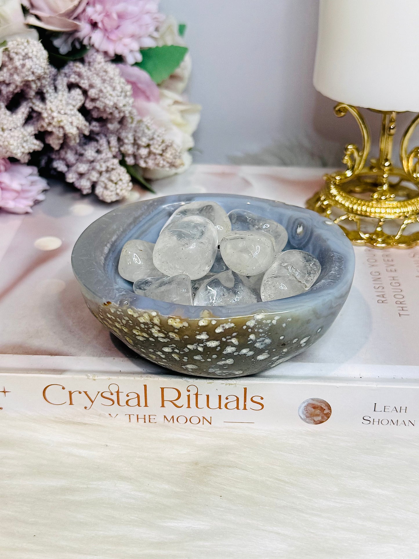 Natural Agate Carved Bowl Filled with Clear Quartz Tumbles 443g
